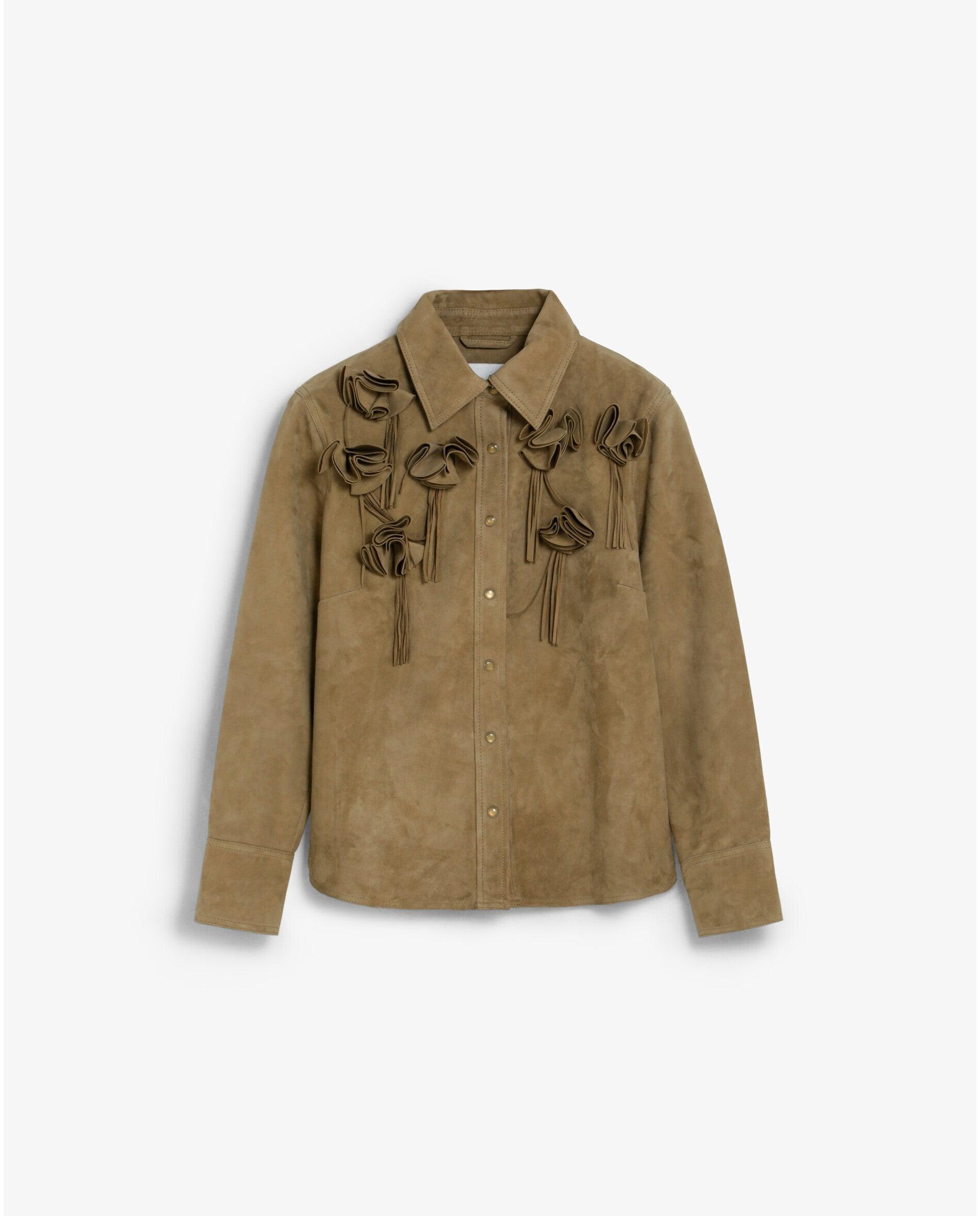 Camisa de Camurça com Detalhe de Flores e Franjas Caqui-5