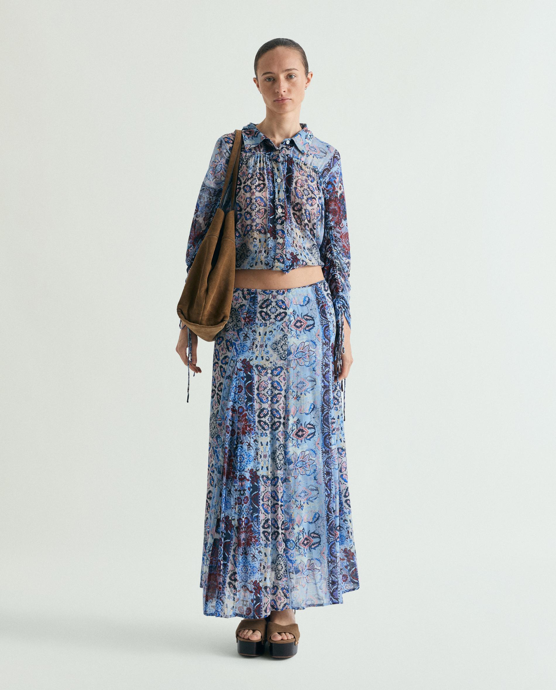 Blusa Estampada com Cordões Ajustáveis nas Mangas Azul-3