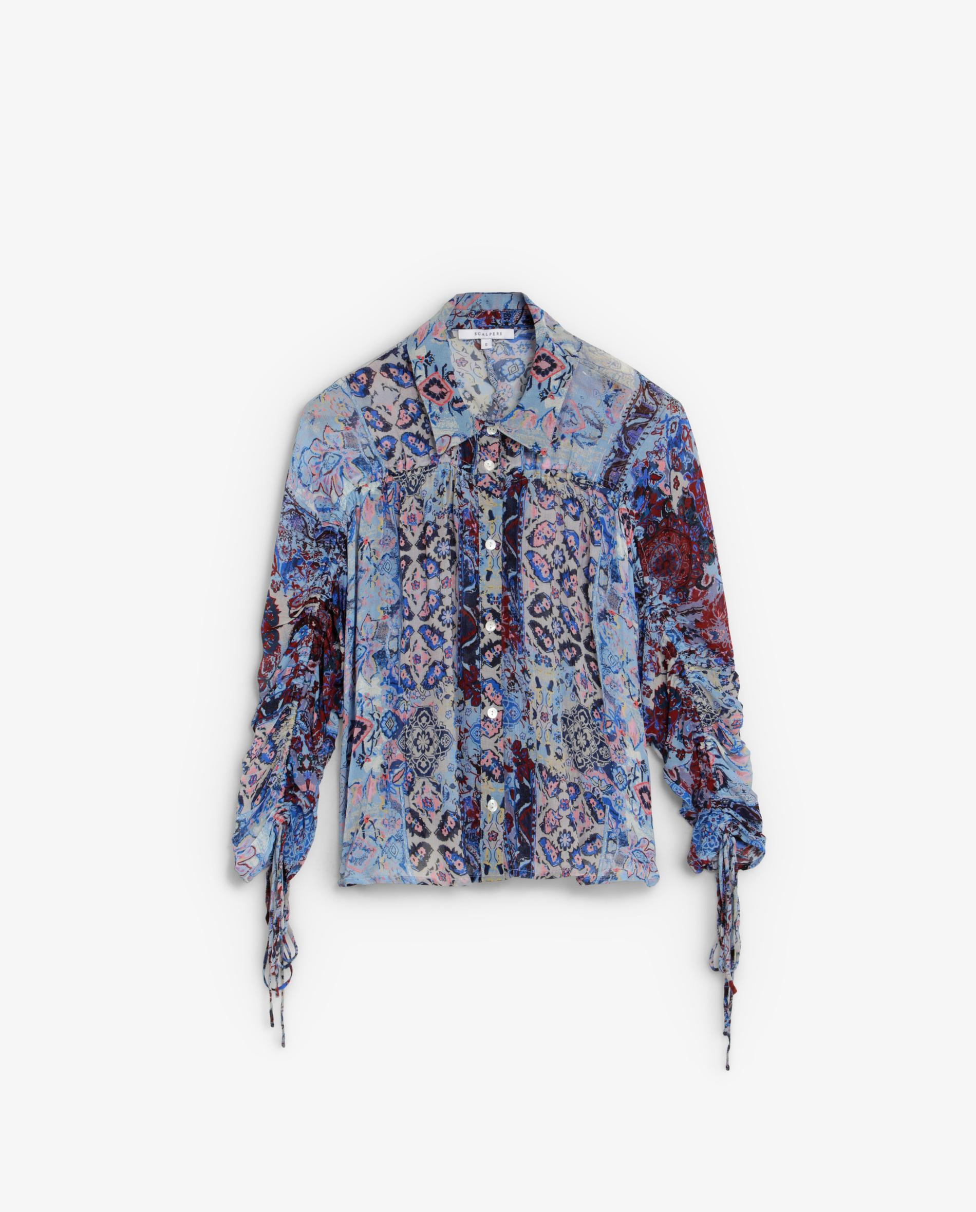 Blusa Estampada com Cordões Ajustáveis nas Mangas Azul-5