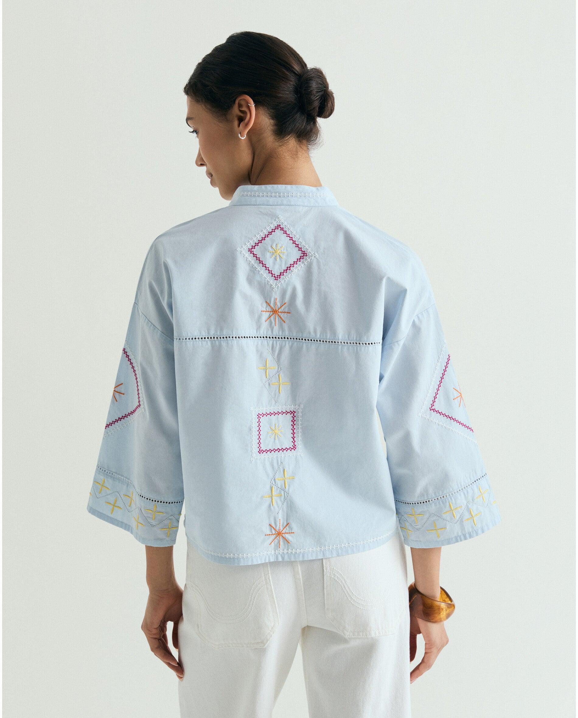 Camisa Bordada com Mangas Amplas Azul-claro-2