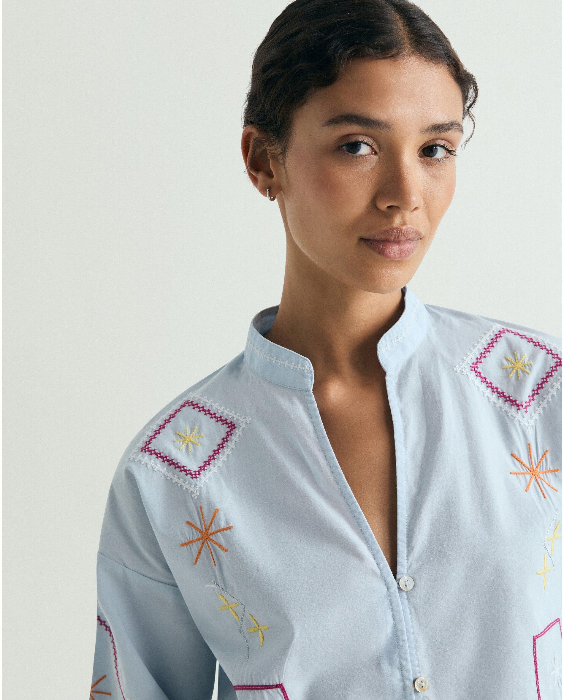 Camisa Bordada com Mangas Amplas Azul-claro-4