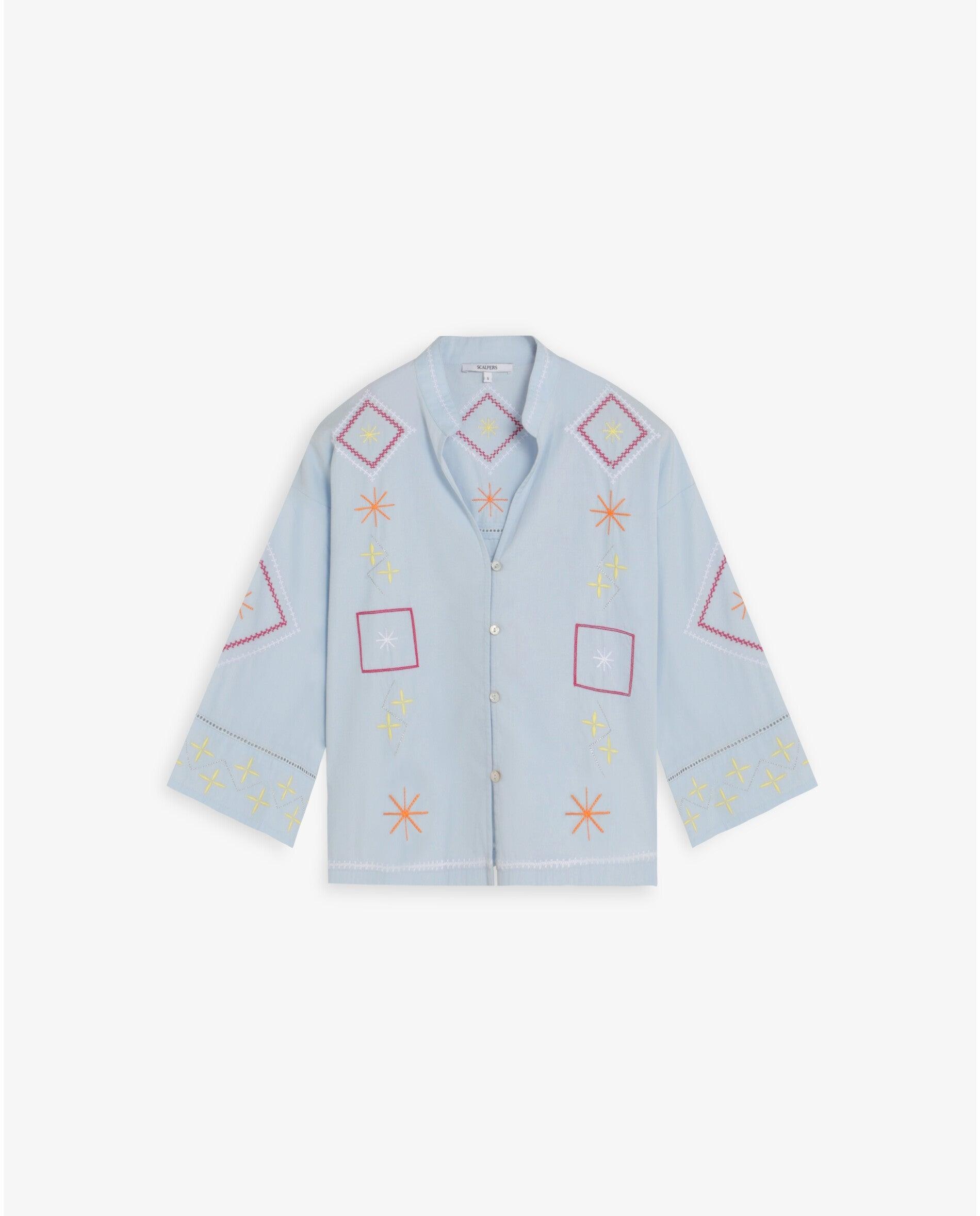 Camisa Bordada com Mangas Amplas Azul-claro-5