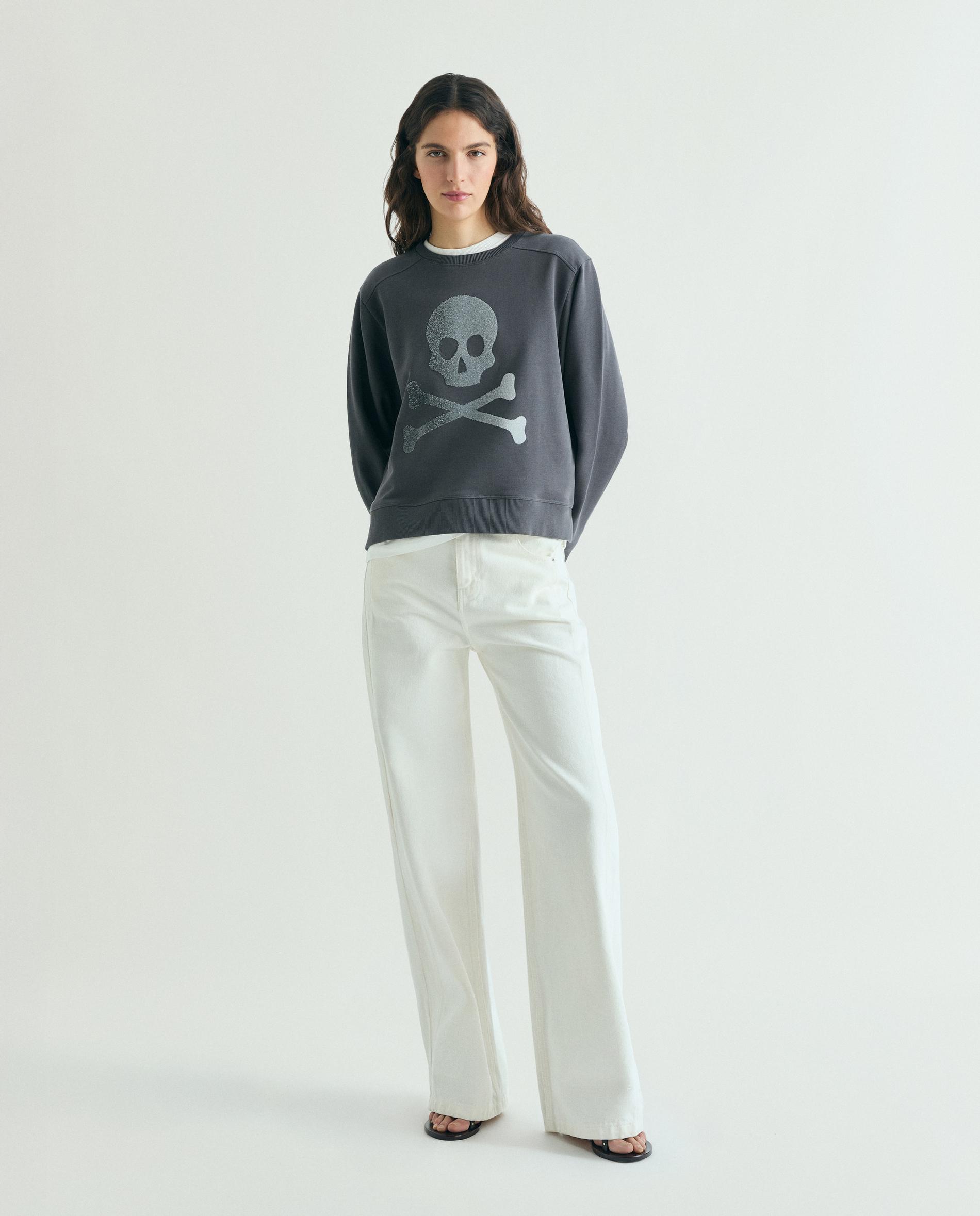Sweatshirt com Gola Redonda e Caveira Frontal Cinzento-escuro-3