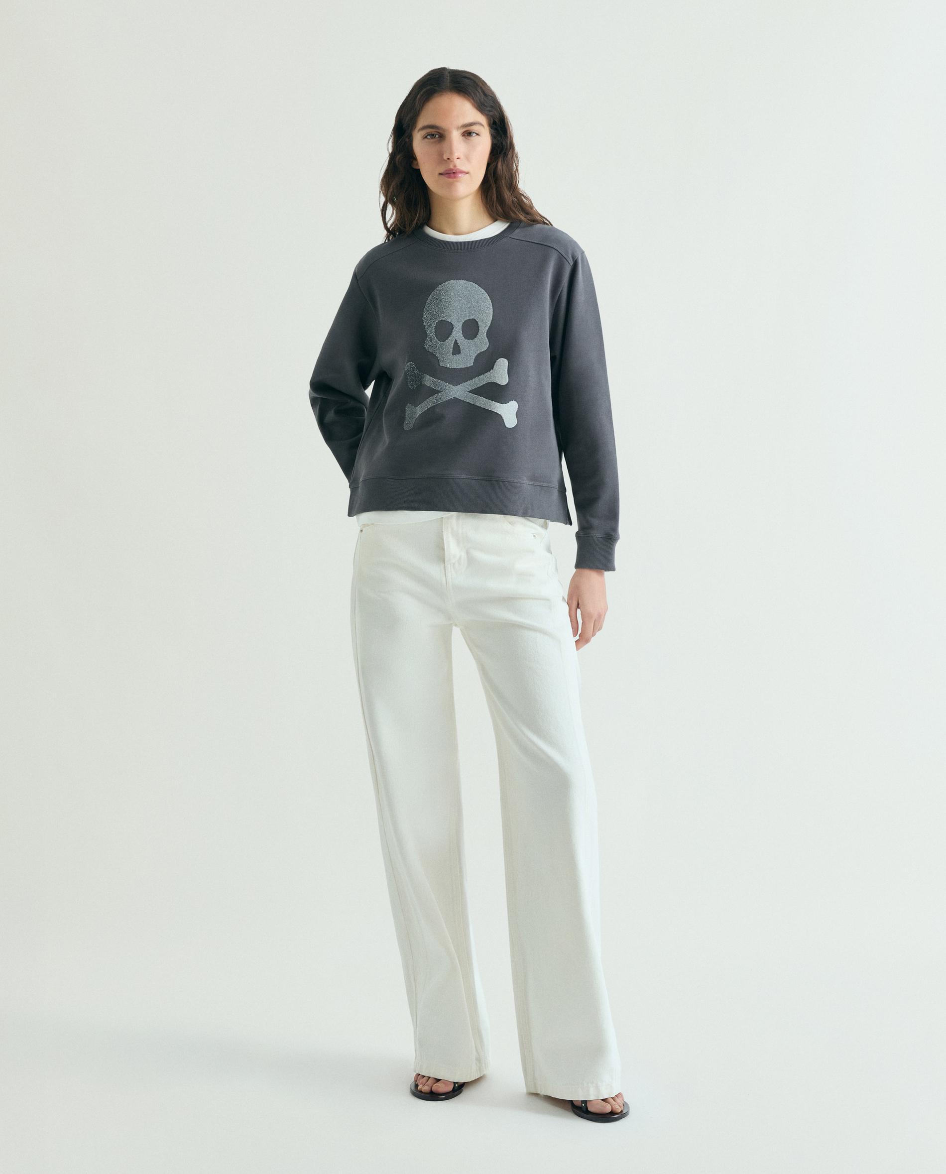 Sweatshirt com Gola Redonda e Caveira Frontal Cinzento-escuro-4