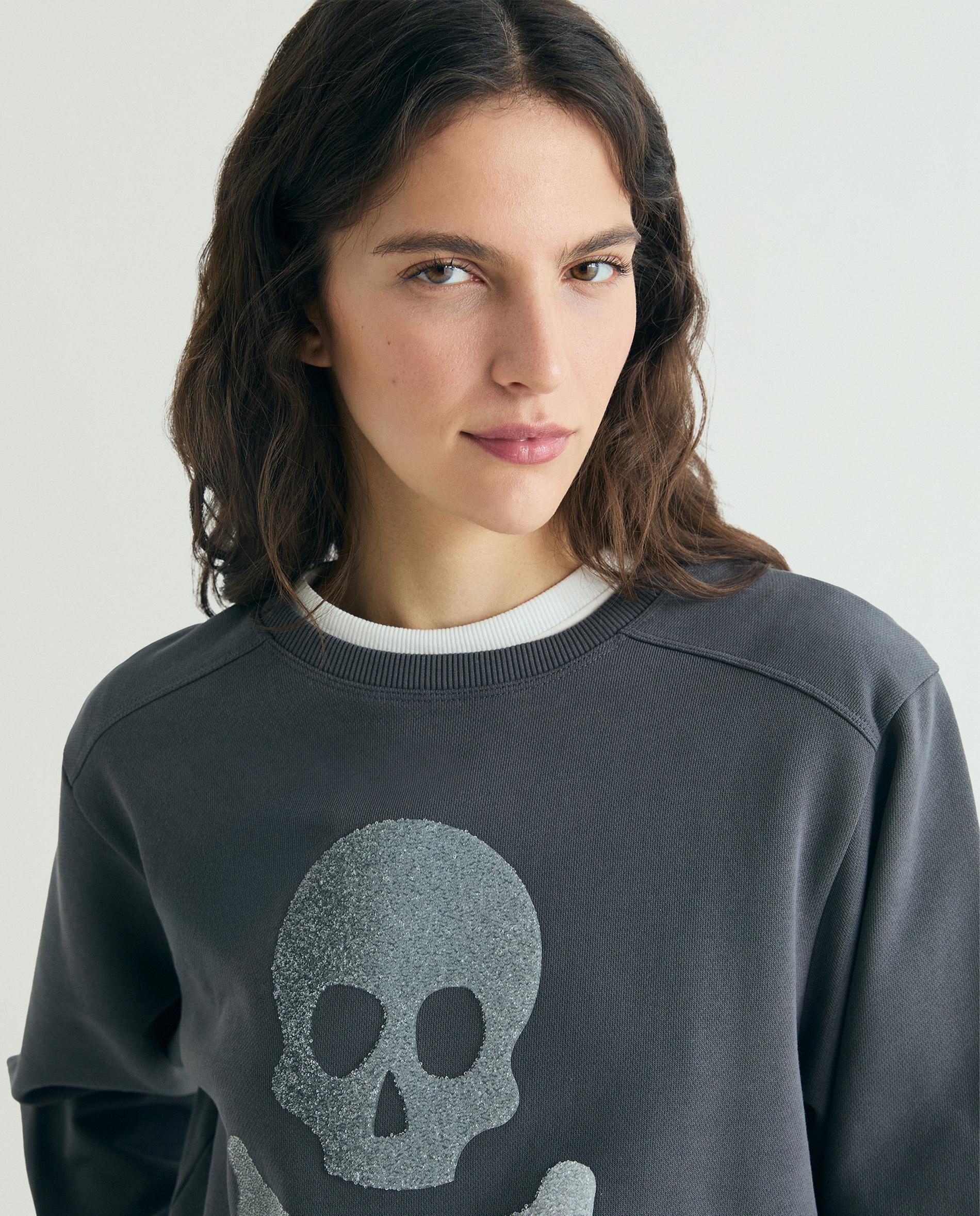 Sweatshirt com Gola Redonda e Caveira Frontal Cinzento-escuro-7