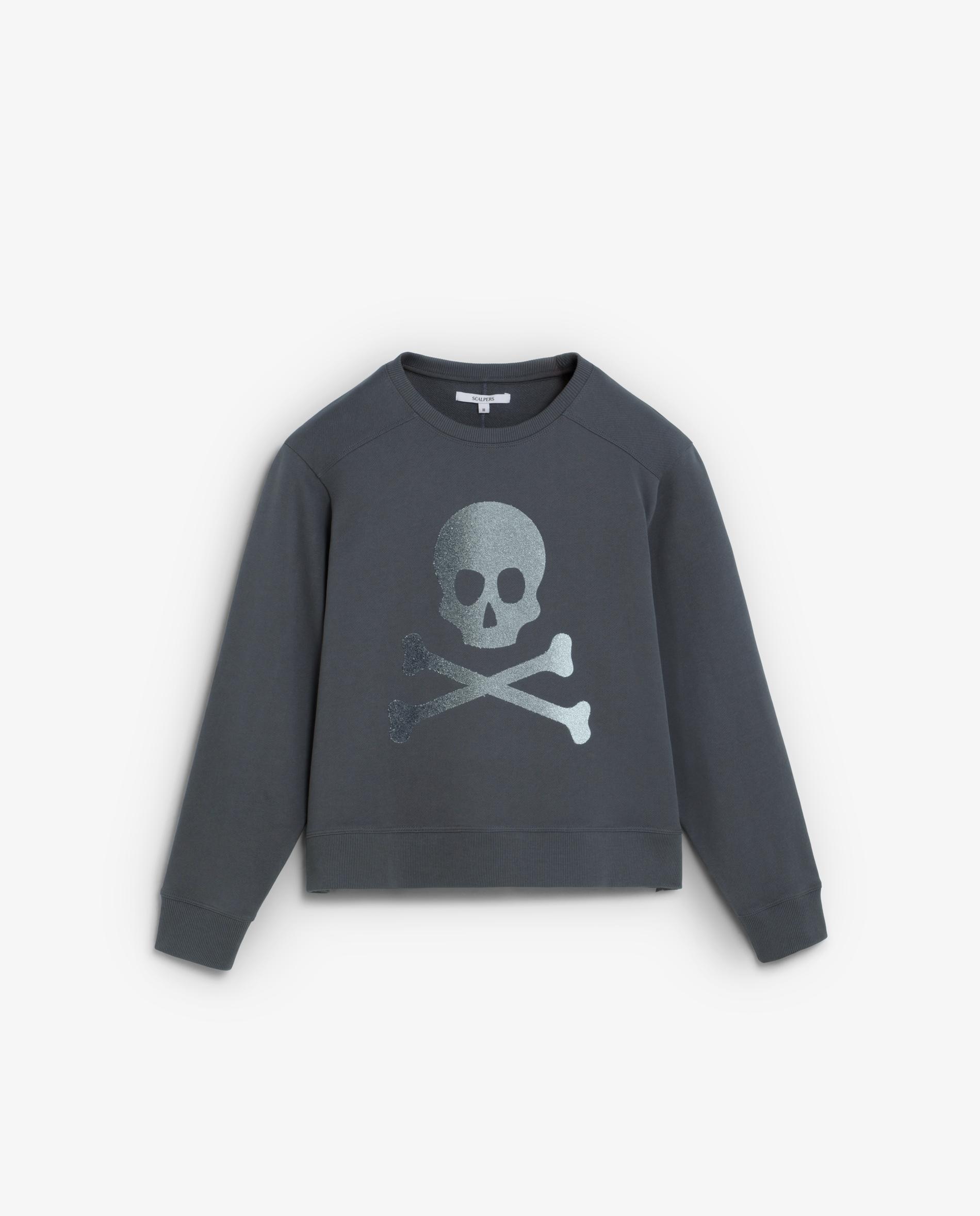 Sweatshirt com Gola Redonda e Caveira Frontal Cinzento-escuro-8