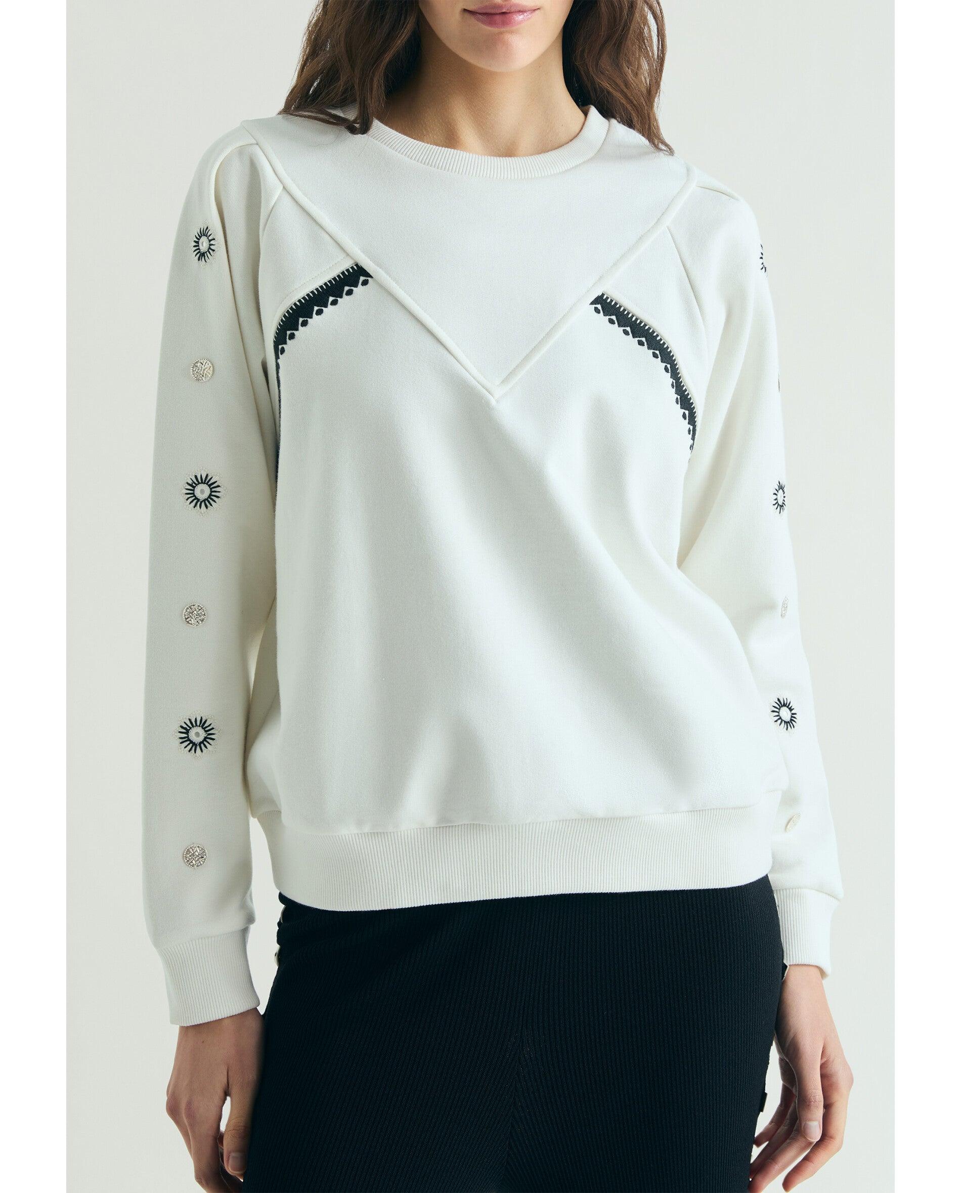 Sweatshirt com Bordados Geométricos Cru-4