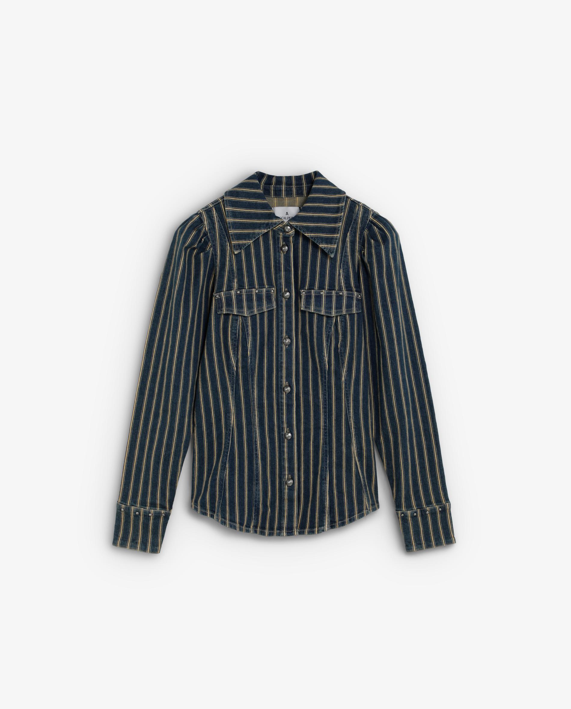 Imagem 0 de Camisa Denim Às Riscas com Bolsos no Peito