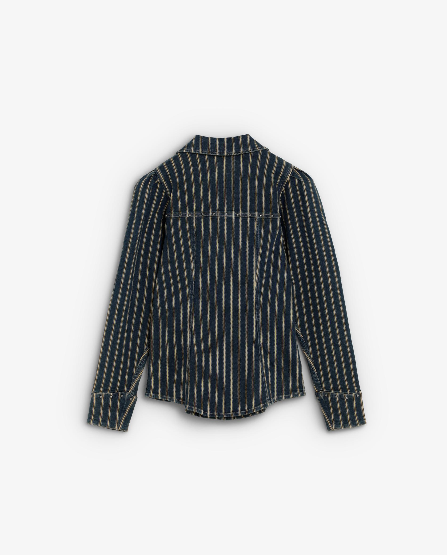 Camisa Denim Às Riscas com Bolsos no Peito Azul-índigo-2