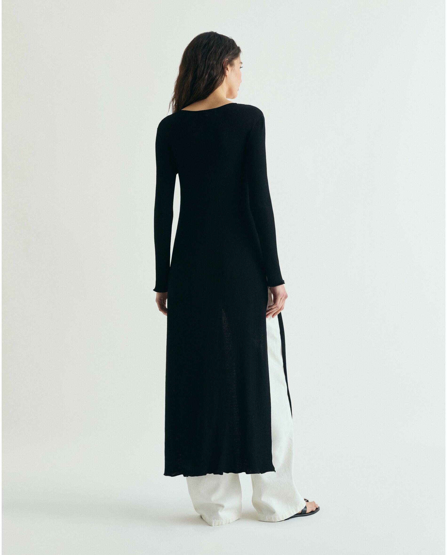 Cardigan Comprido de Malha Canelada Preto-3
