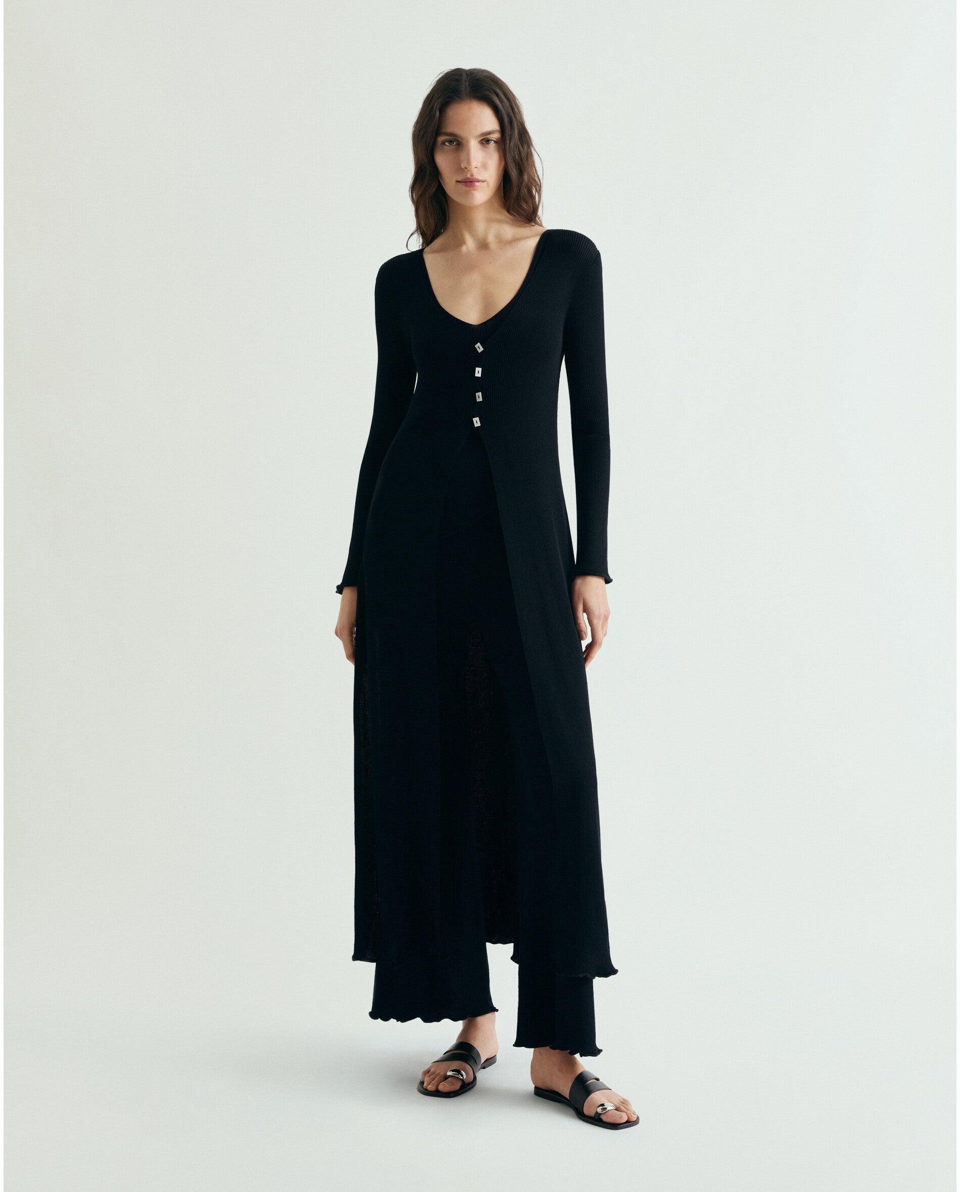 Cardigan Comprido de Malha Canelada Preto-5