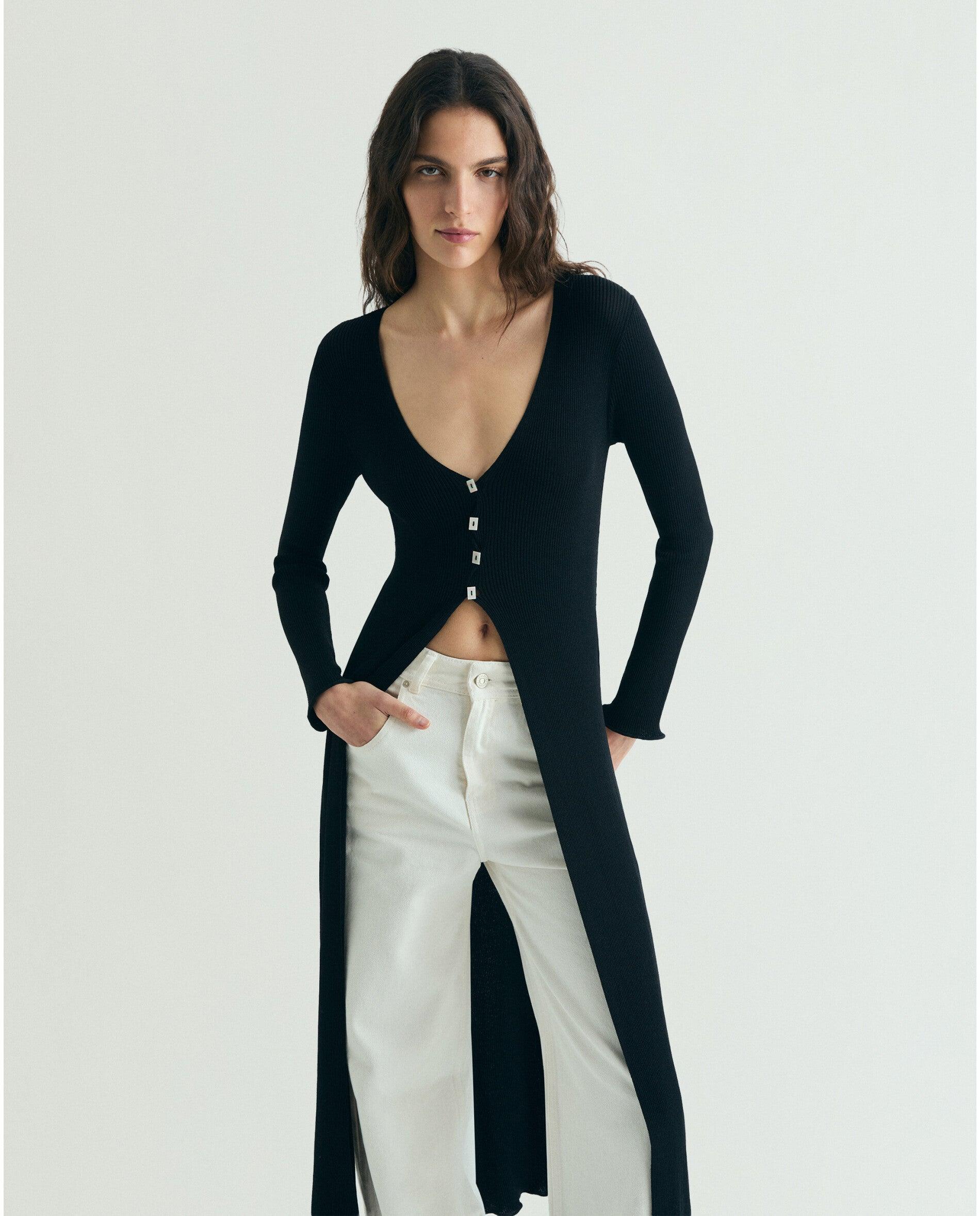 Cardigan Comprido de Malha Canelada Preto-2