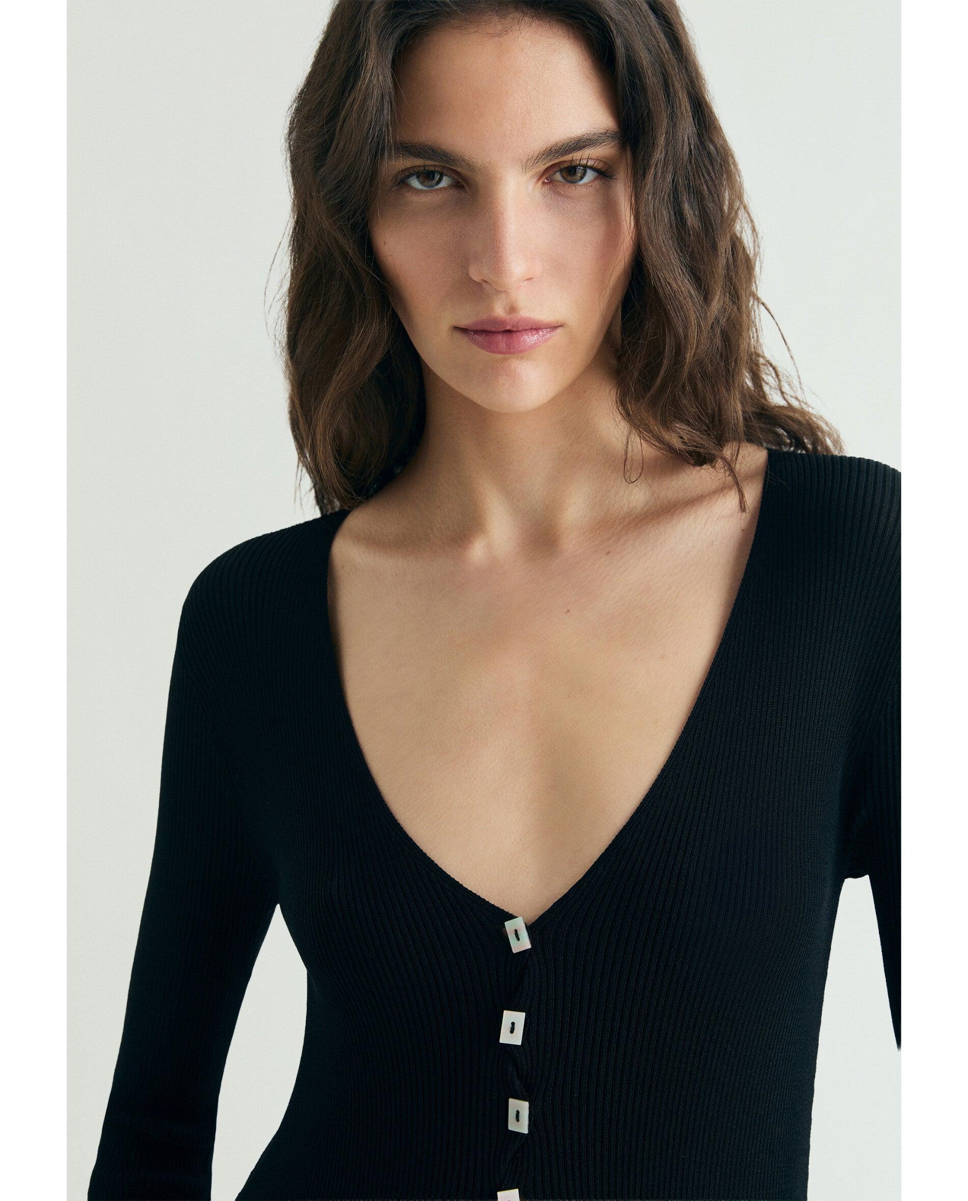 Cardigan Comprido de Malha Canelada Preto-4