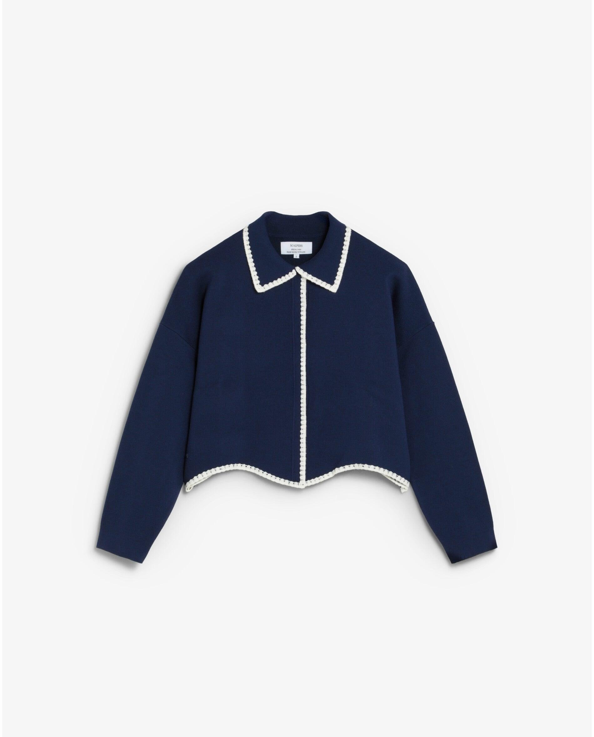 Cárdigan com Gola Tipo Camisa e Debrum em Contraste Navy-6