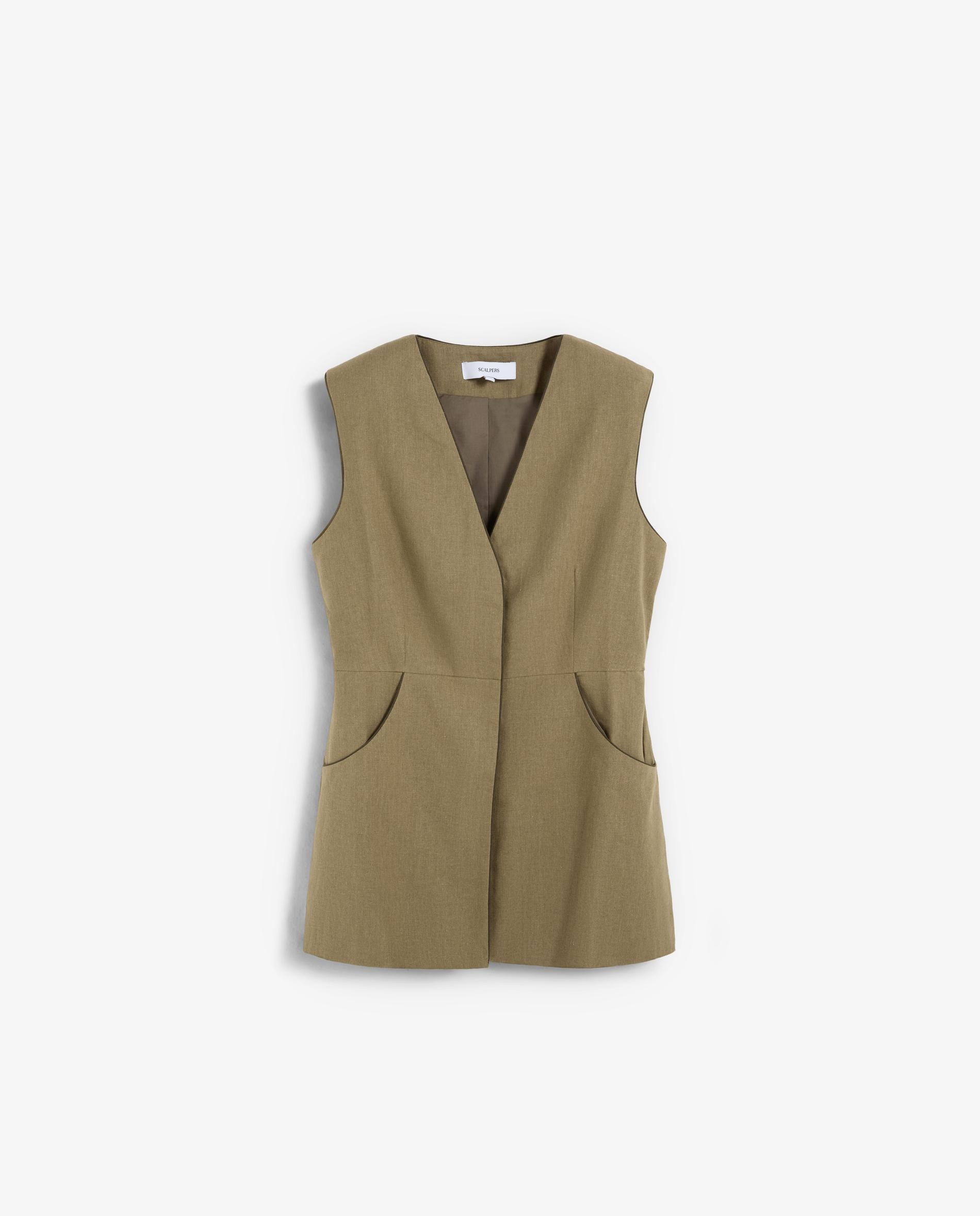Colete Slim Fit com Decote em V Caqui-4