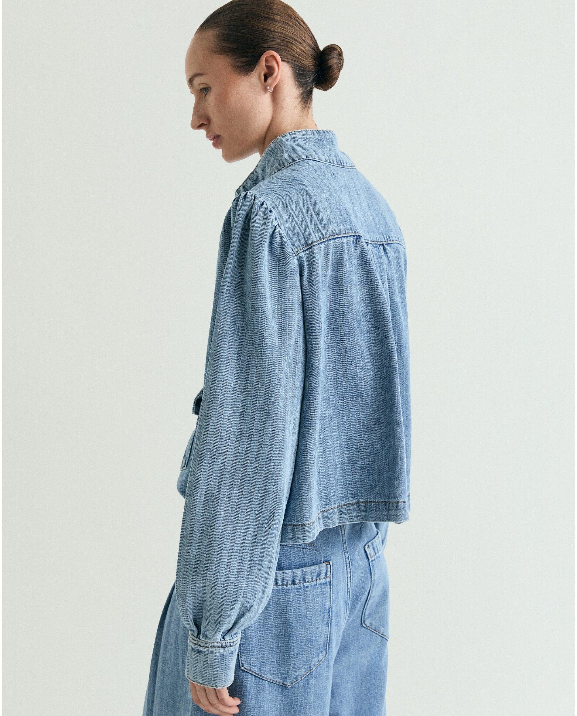 Casaco Denim com Gola À Padre e Mangas Abalonadas Azul-claro-3