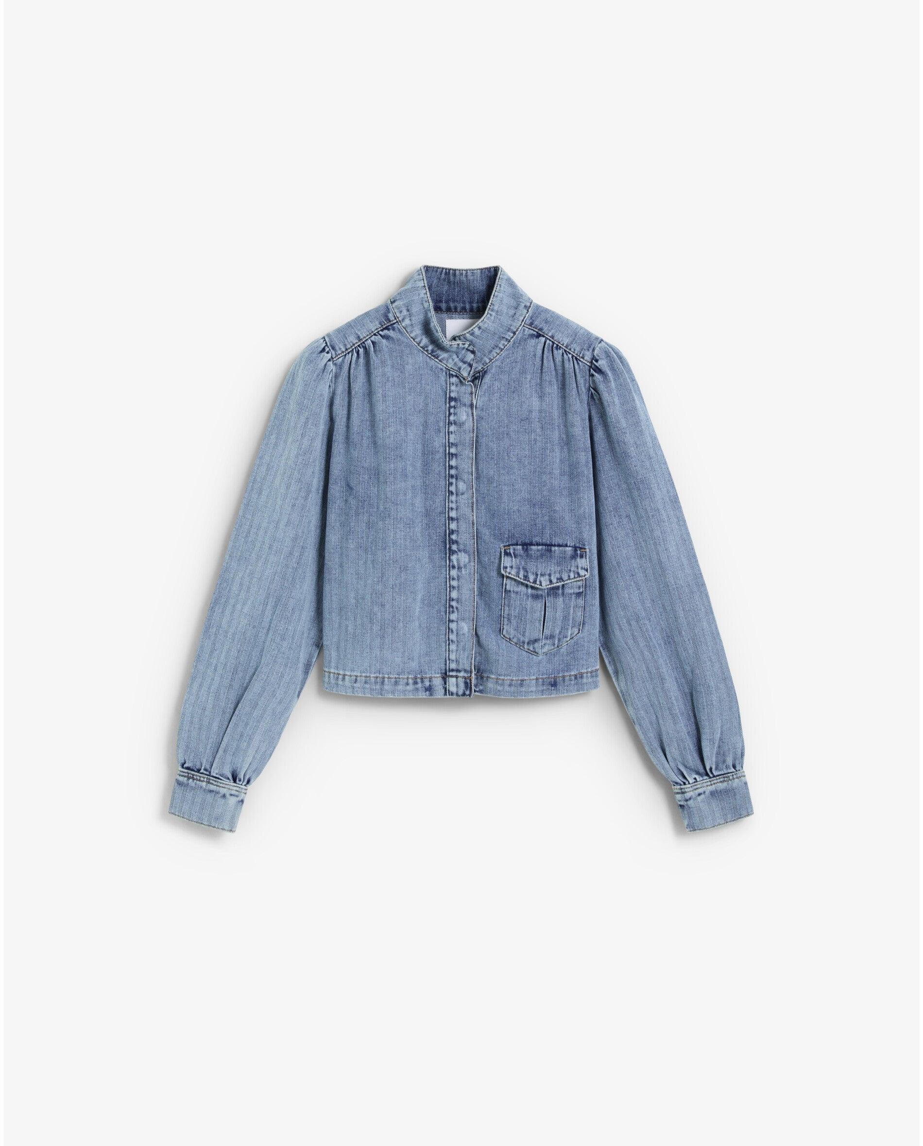 Casaco Denim com Gola À Padre e Mangas Abalonadas Azul-claro-4