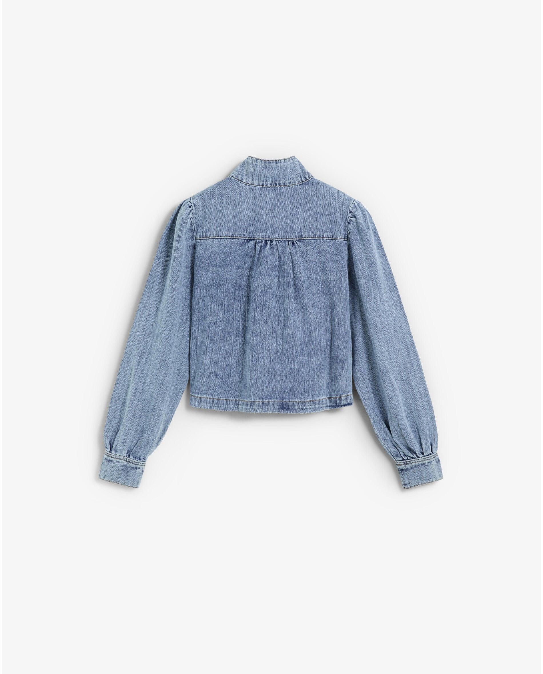 Casaco Denim com Gola À Padre e Mangas Abalonadas Azul-claro-5