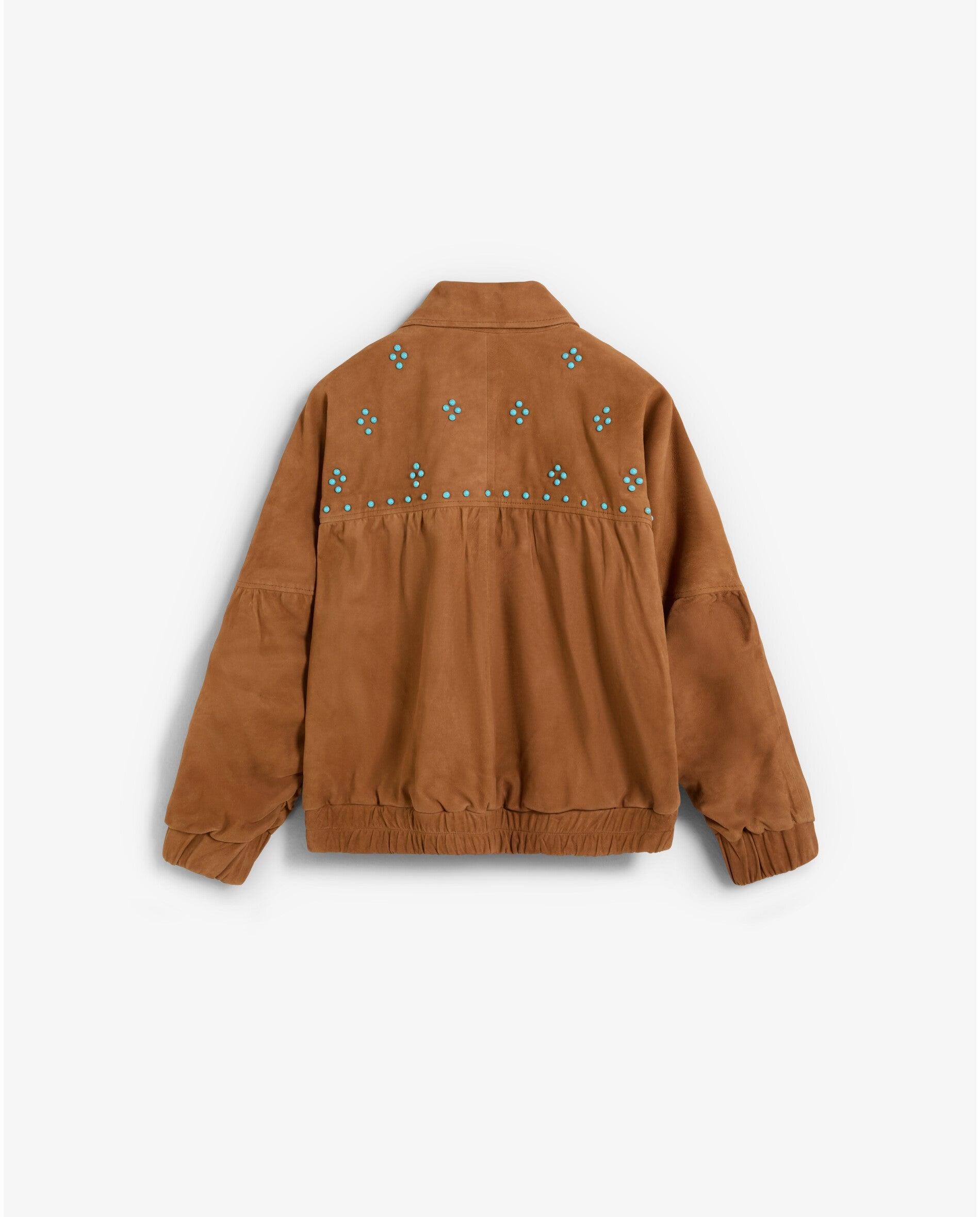 Blusão de Pele Bomber com Detalhes de Studs Camel-2