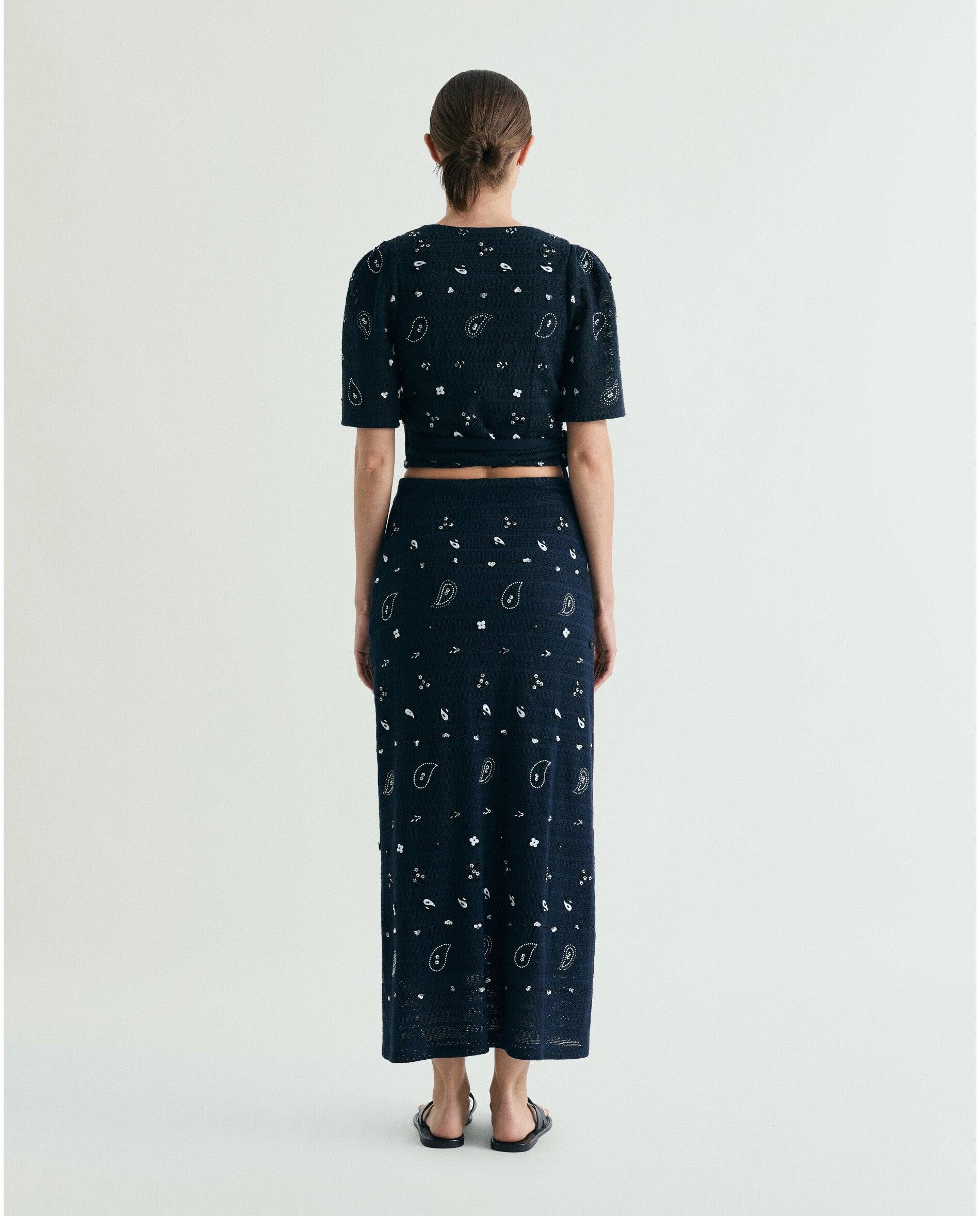 Saia de Malha Midi com Abalorios Navy-3