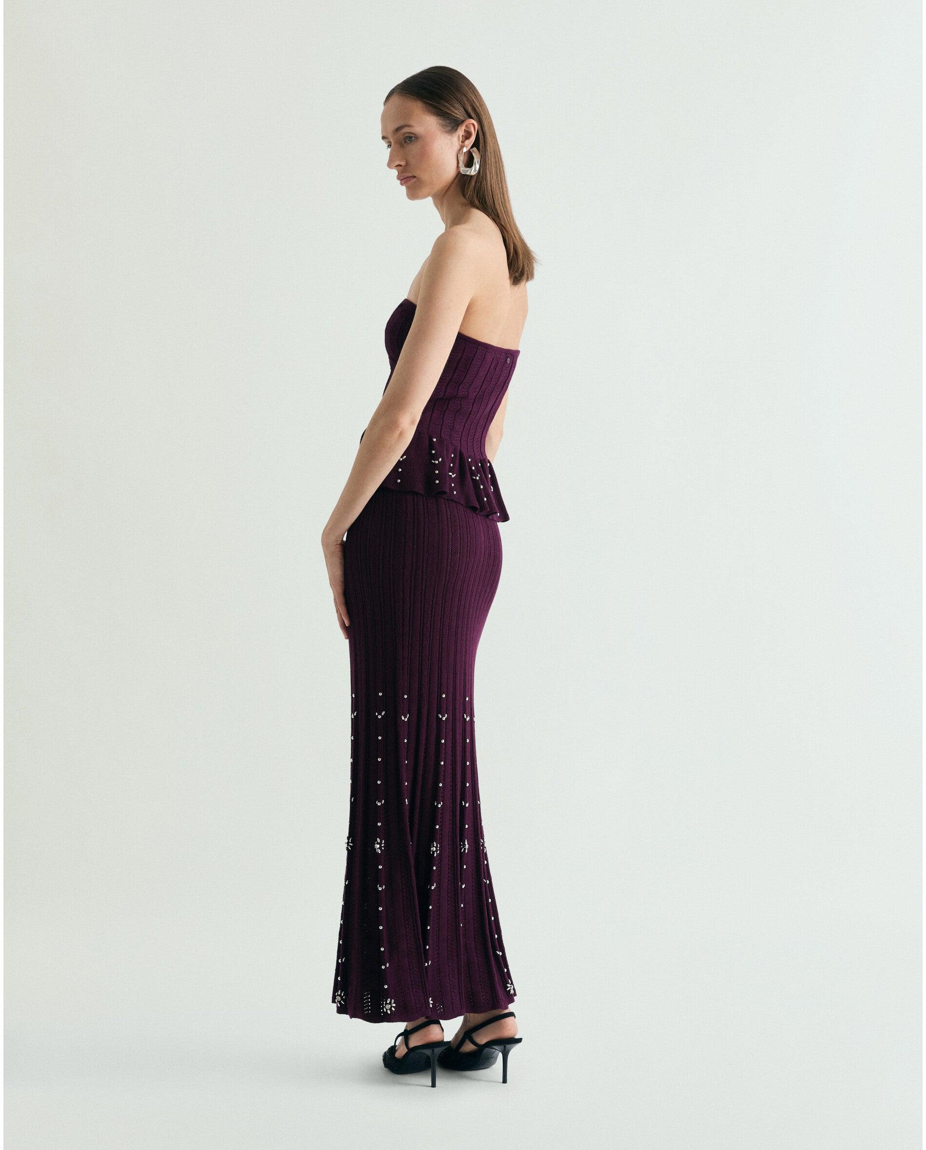 Saia de Malha Midi com Strass Bordeaux-3