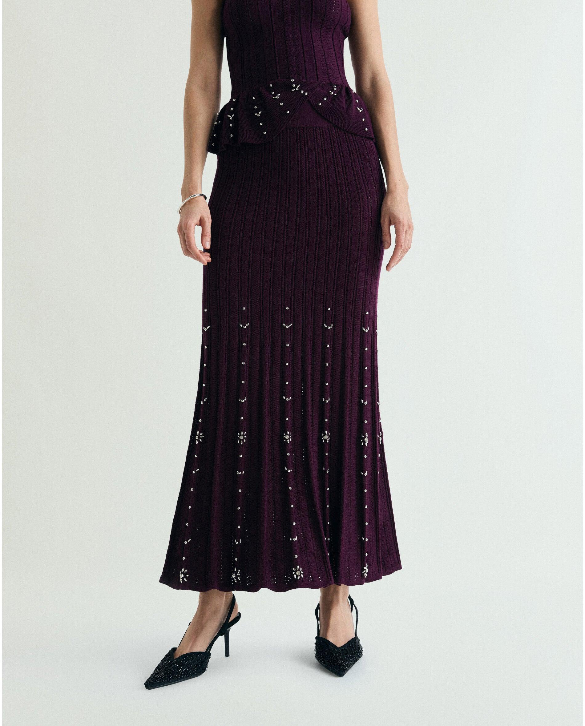 Saia de Malha Midi com Strass Bordeaux-2