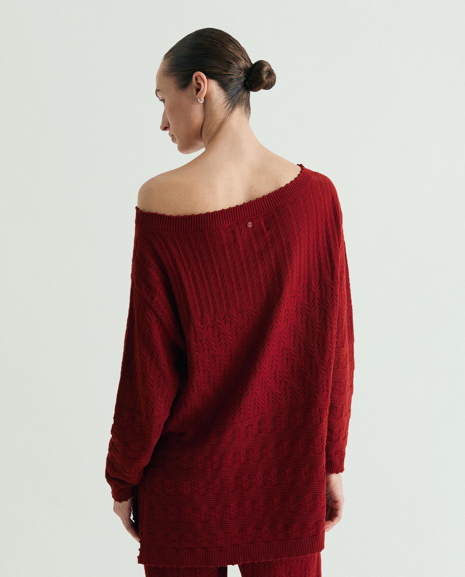 Camisola com Detalhes Perfurados e Gola Redonda Vermelho-3