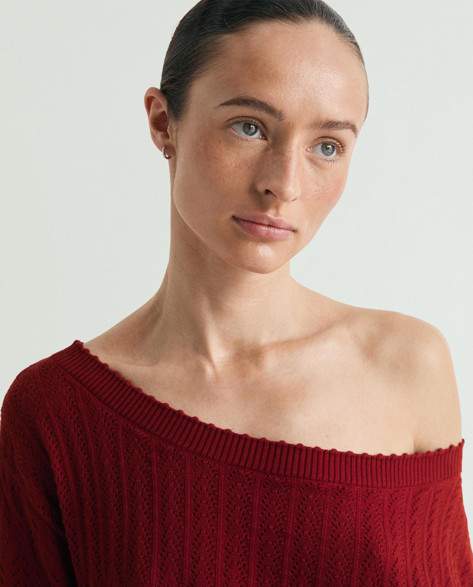 Camisola com Detalhes Perfurados e Gola Redonda Vermelho-4