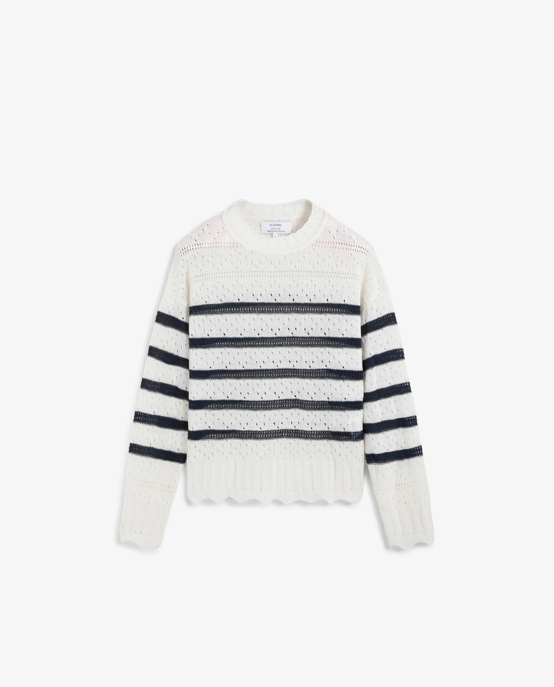 Camisola Às Riscas de Malha Perfurada Azul/Branco-6