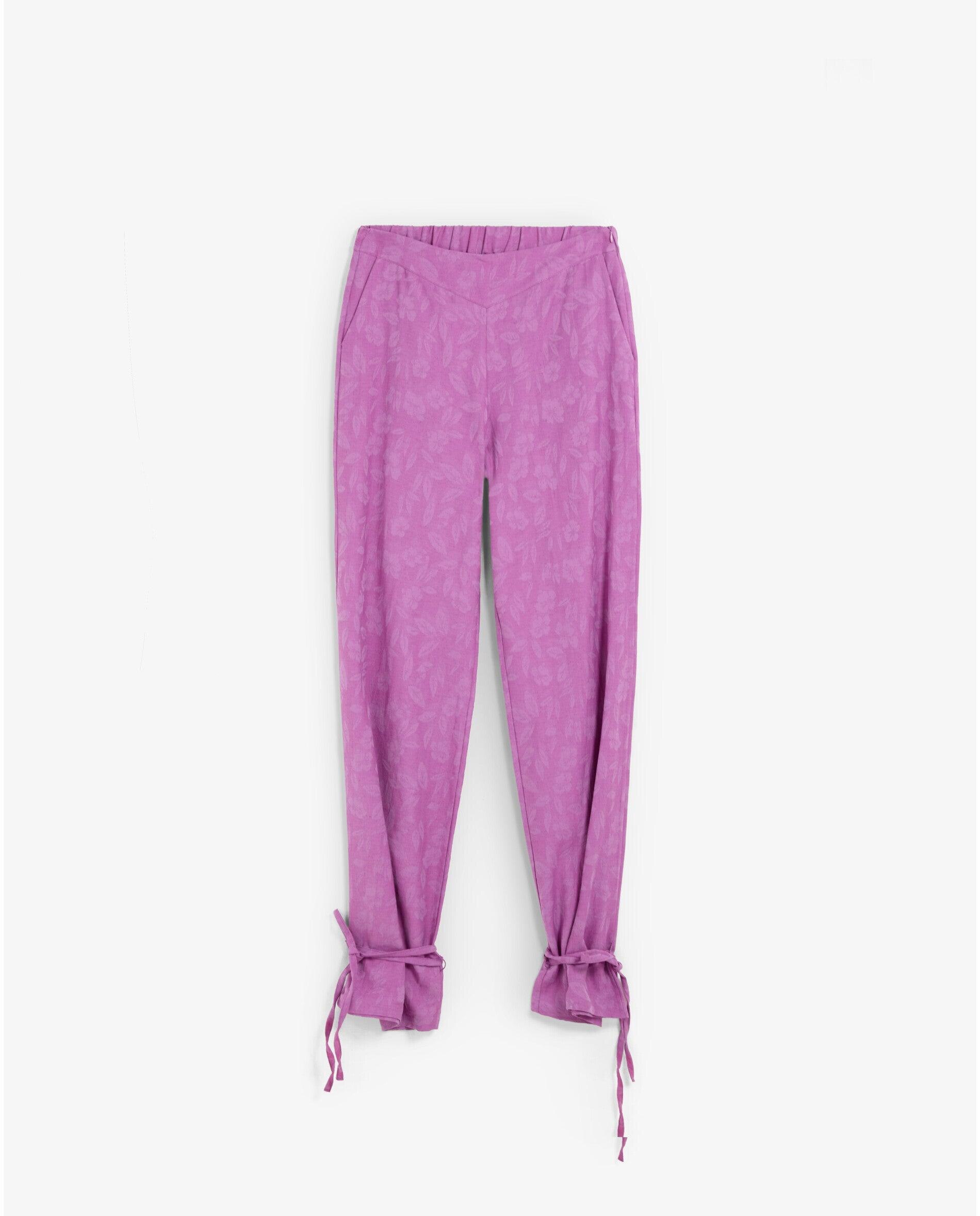 Calças com Corte a Direito em Tecido Jacquard com Laçada no Tornozelo Púrpura-4