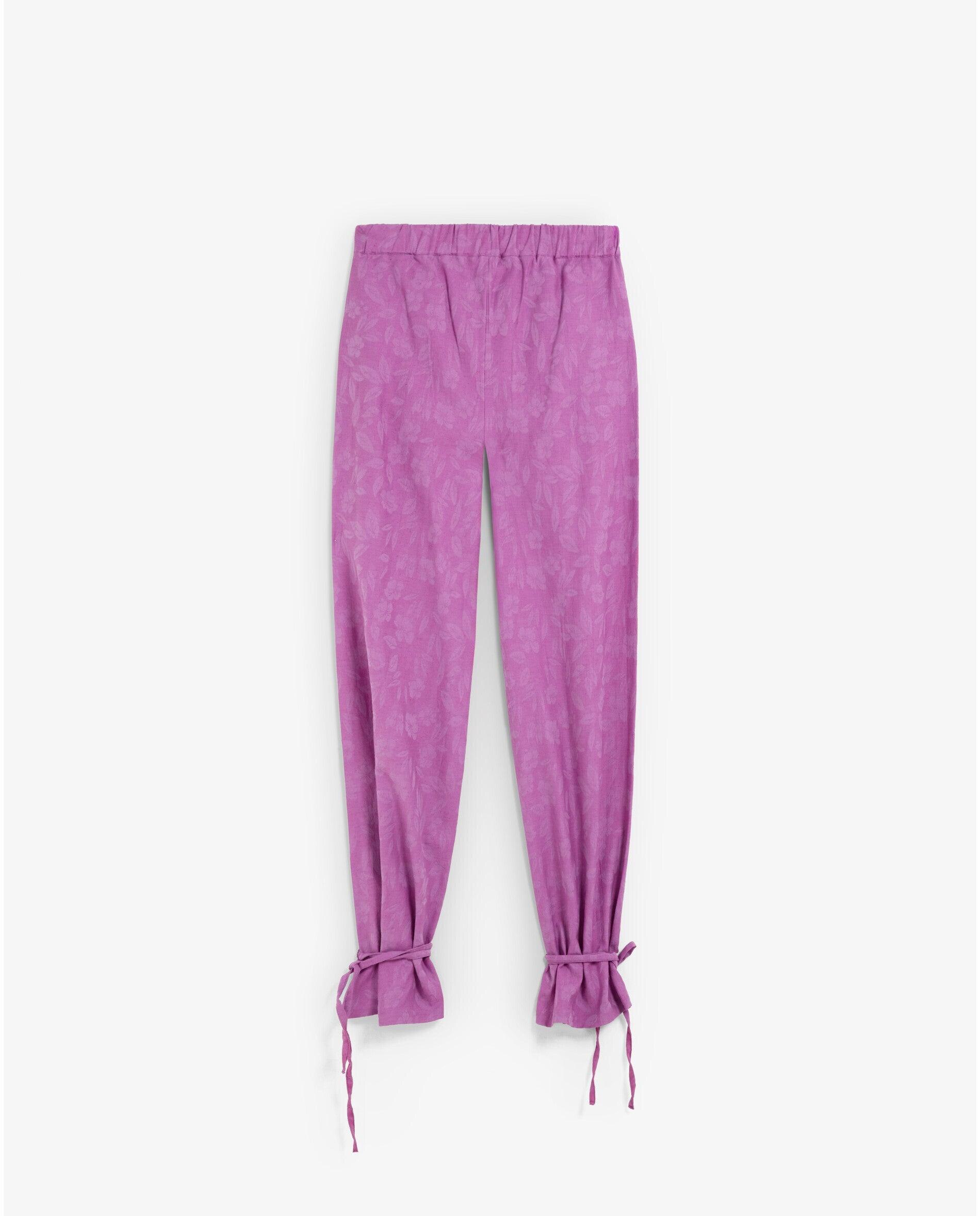 Calças com Corte a Direito em Tecido Jacquard com Laçada no Tornozelo Púrpura-5