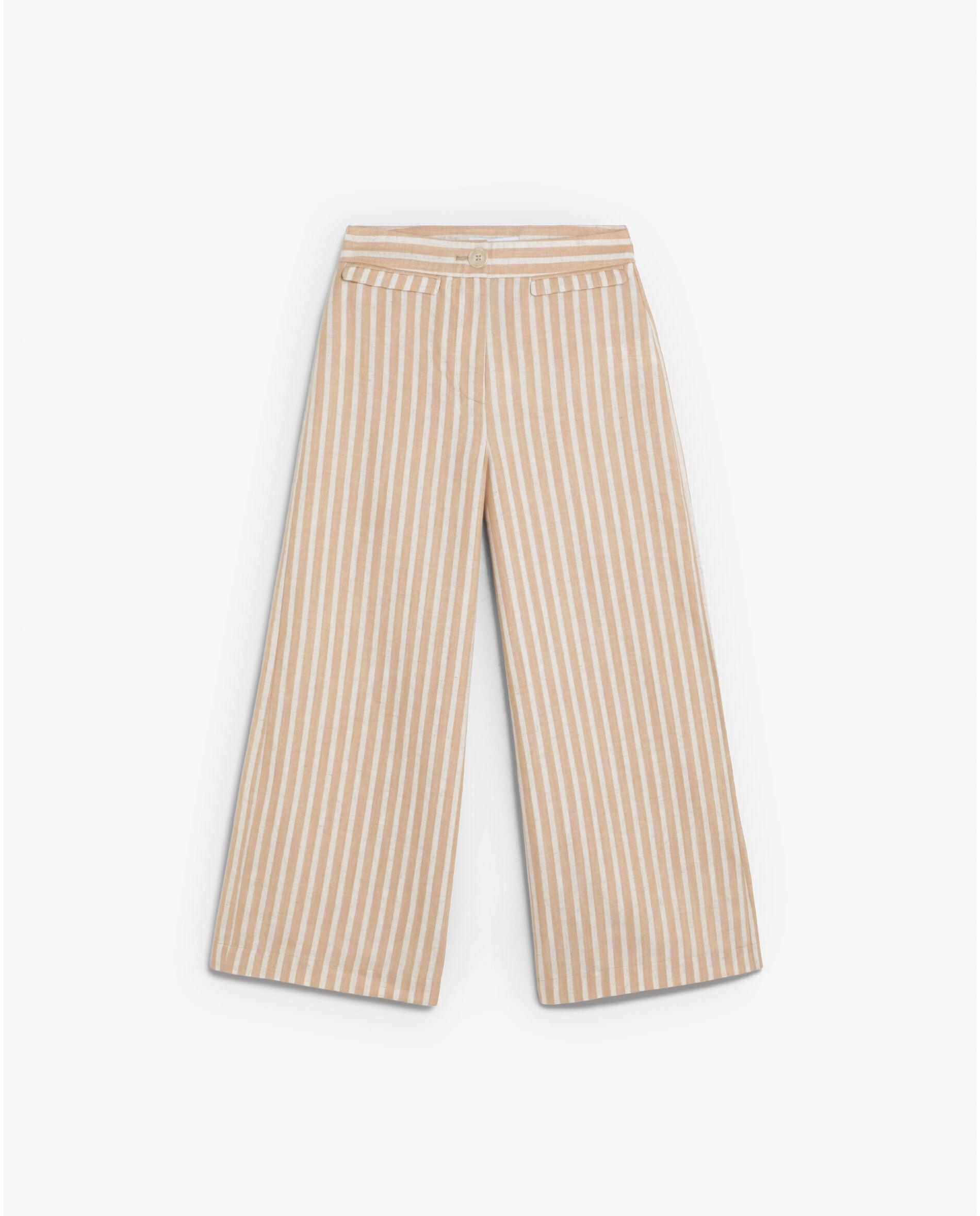 Calças com Corte a Direito Às Riscas com Fecho Zip e Botão Natural-5