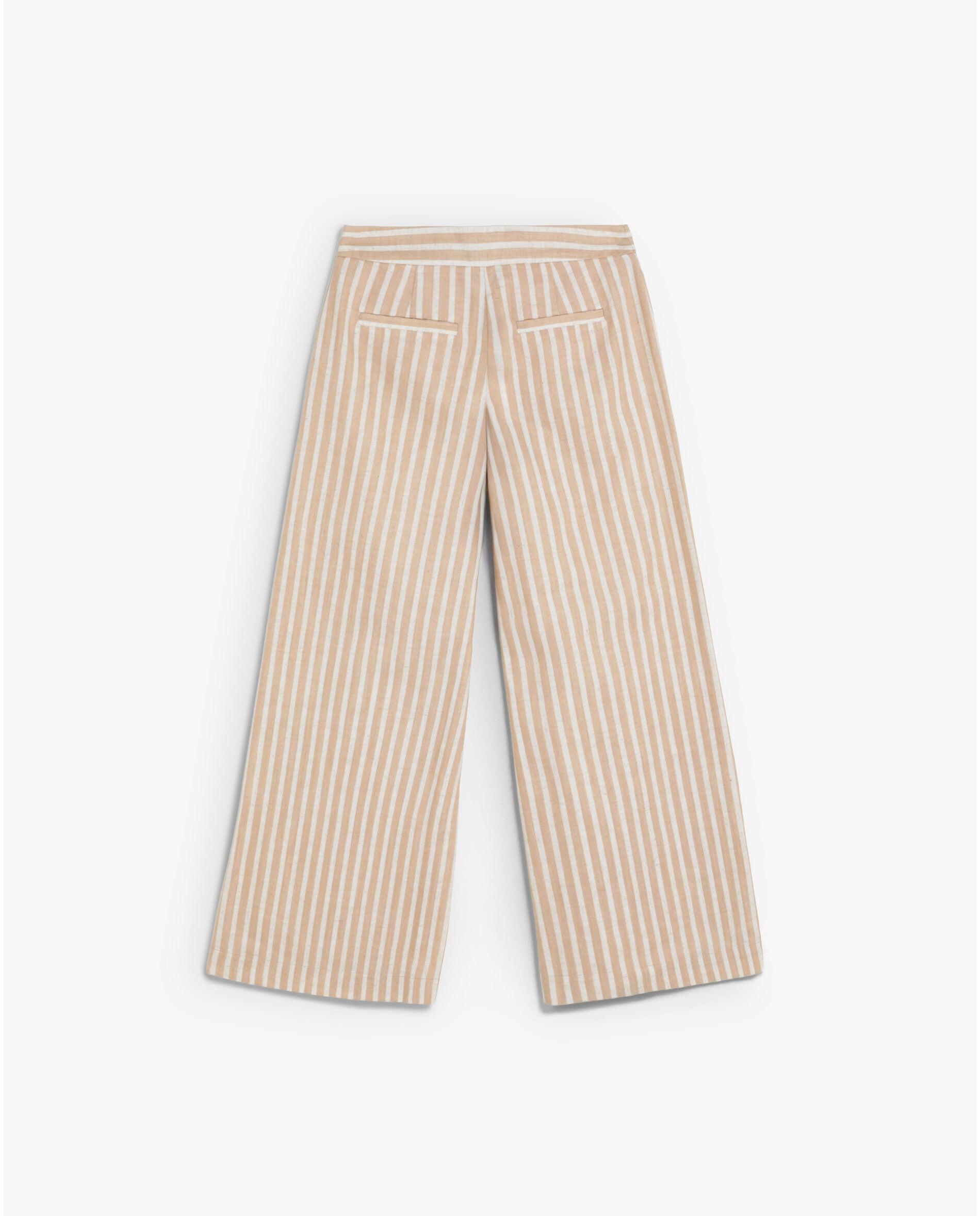 Calças com Corte a Direito Às Riscas com Fecho Zip e Botão Natural-6