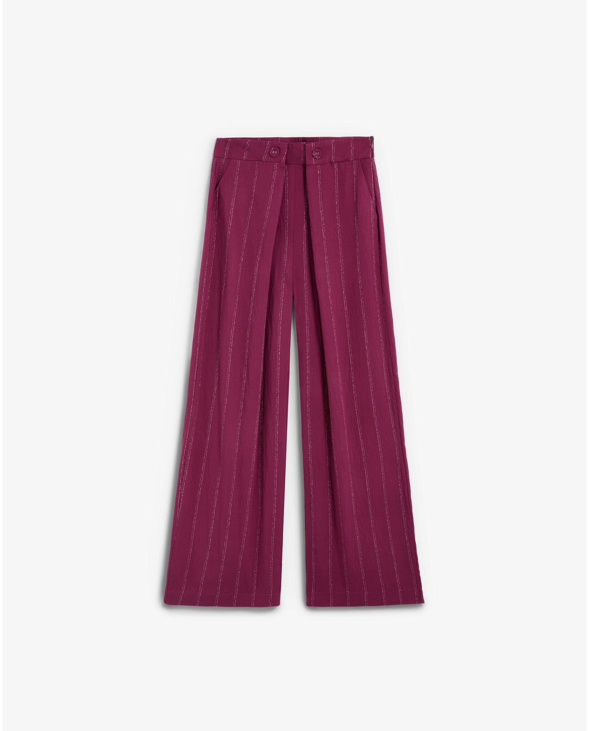 Calças Largas em Tecido Fluido Às Riscas Vermelho-cereja-4