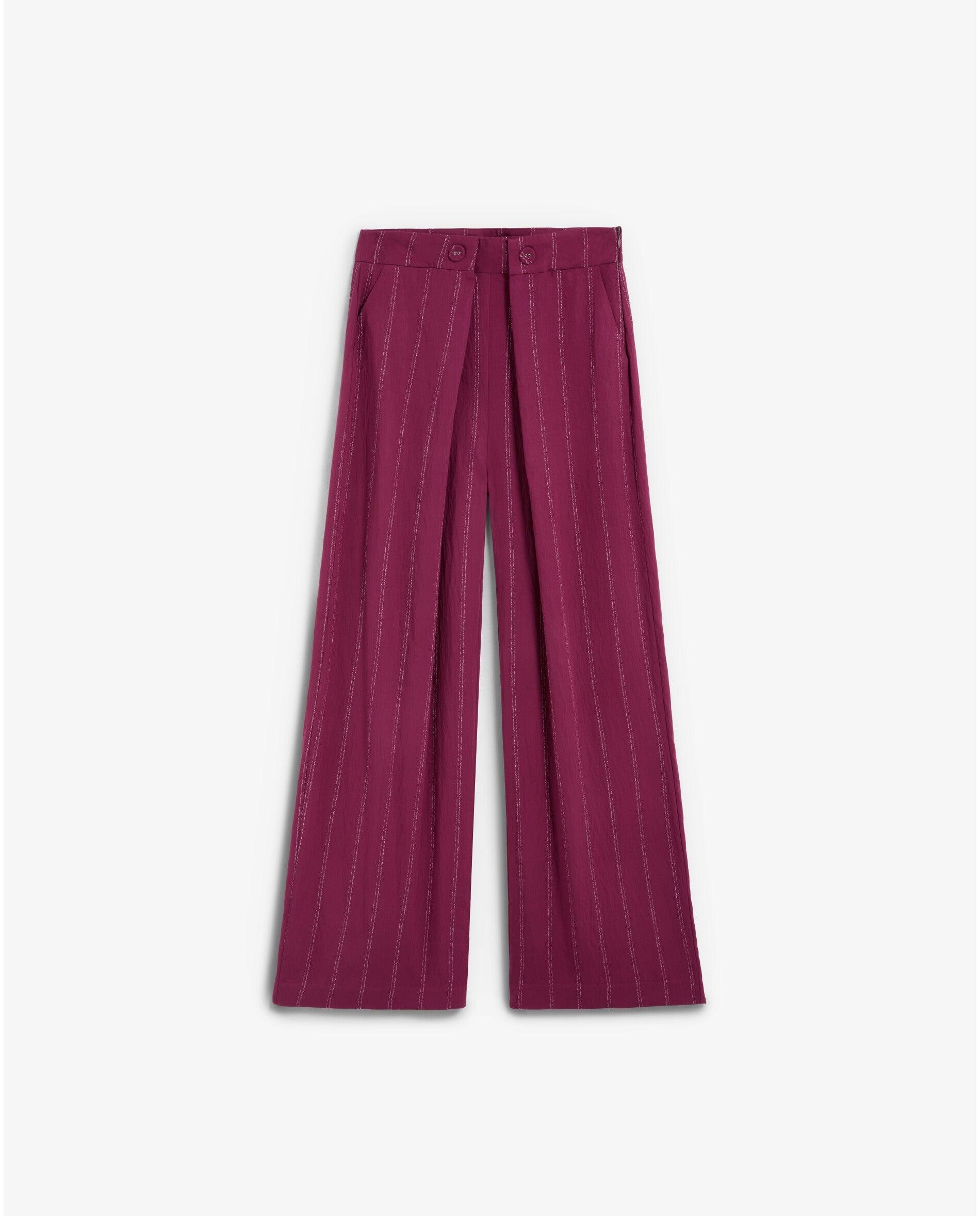 Calças Largas em Tecido Fluido Às Riscas Vermelho-cereja-4