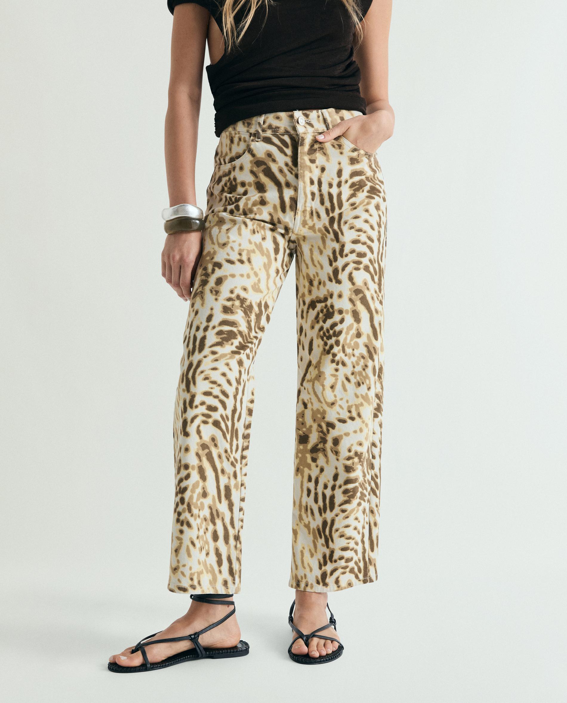 Calças com Corte a Direito com Estampado Animal Print Multicolor-2