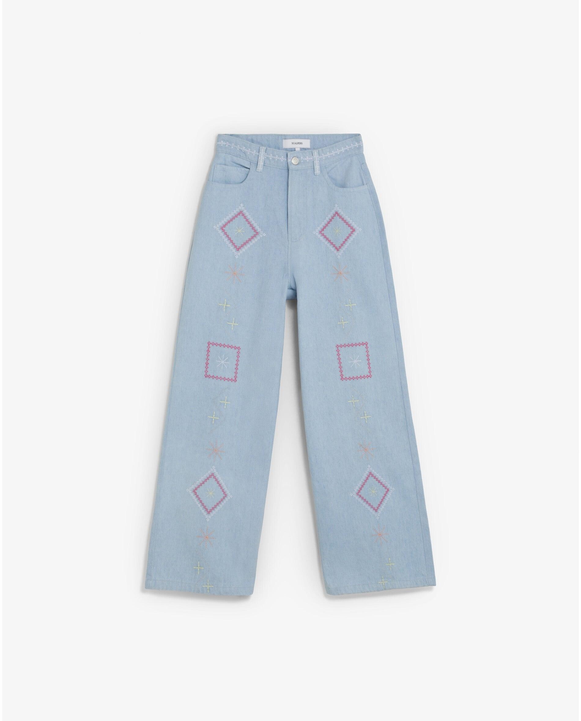 Jeans Largos com Detalhes Bordados Azul-claro-4