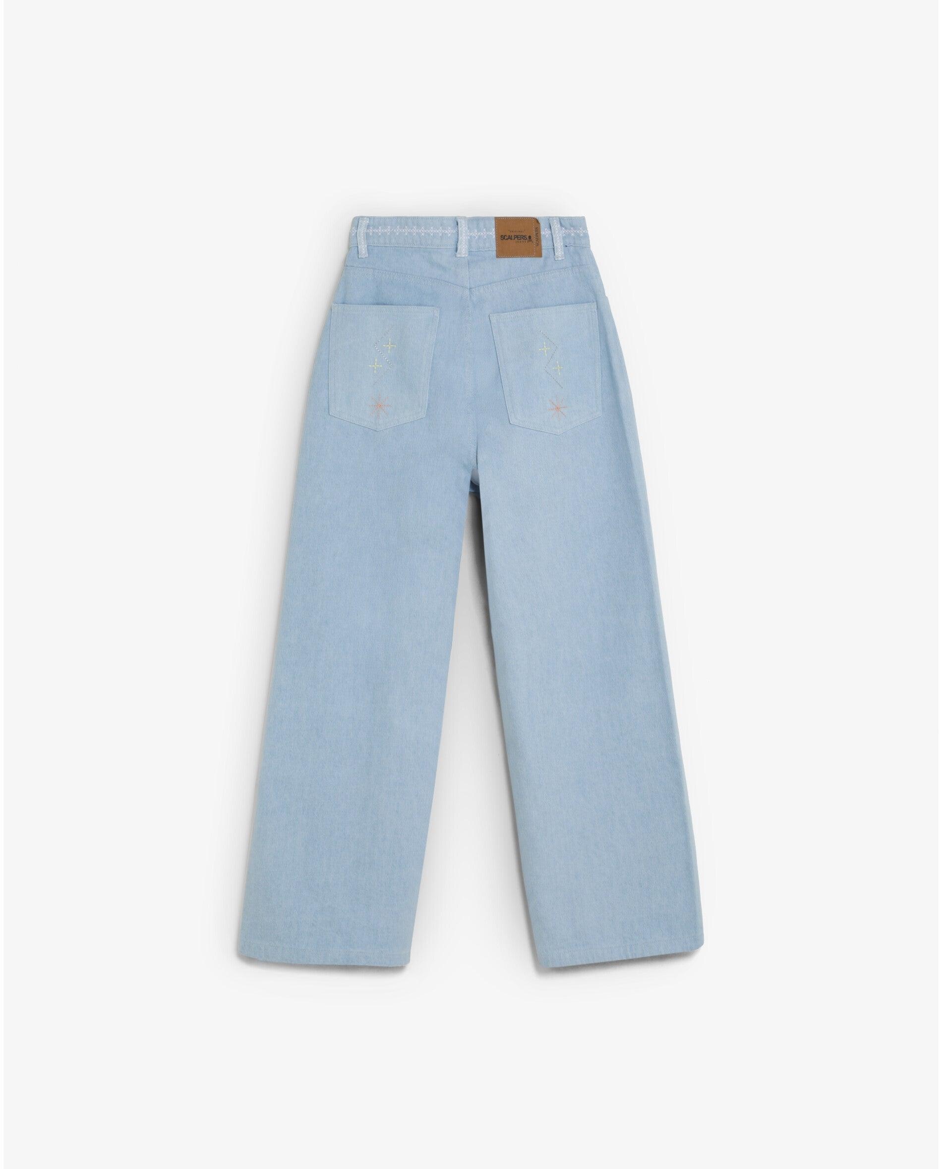 Jeans Largos com Detalhes Bordados Azul-claro-5