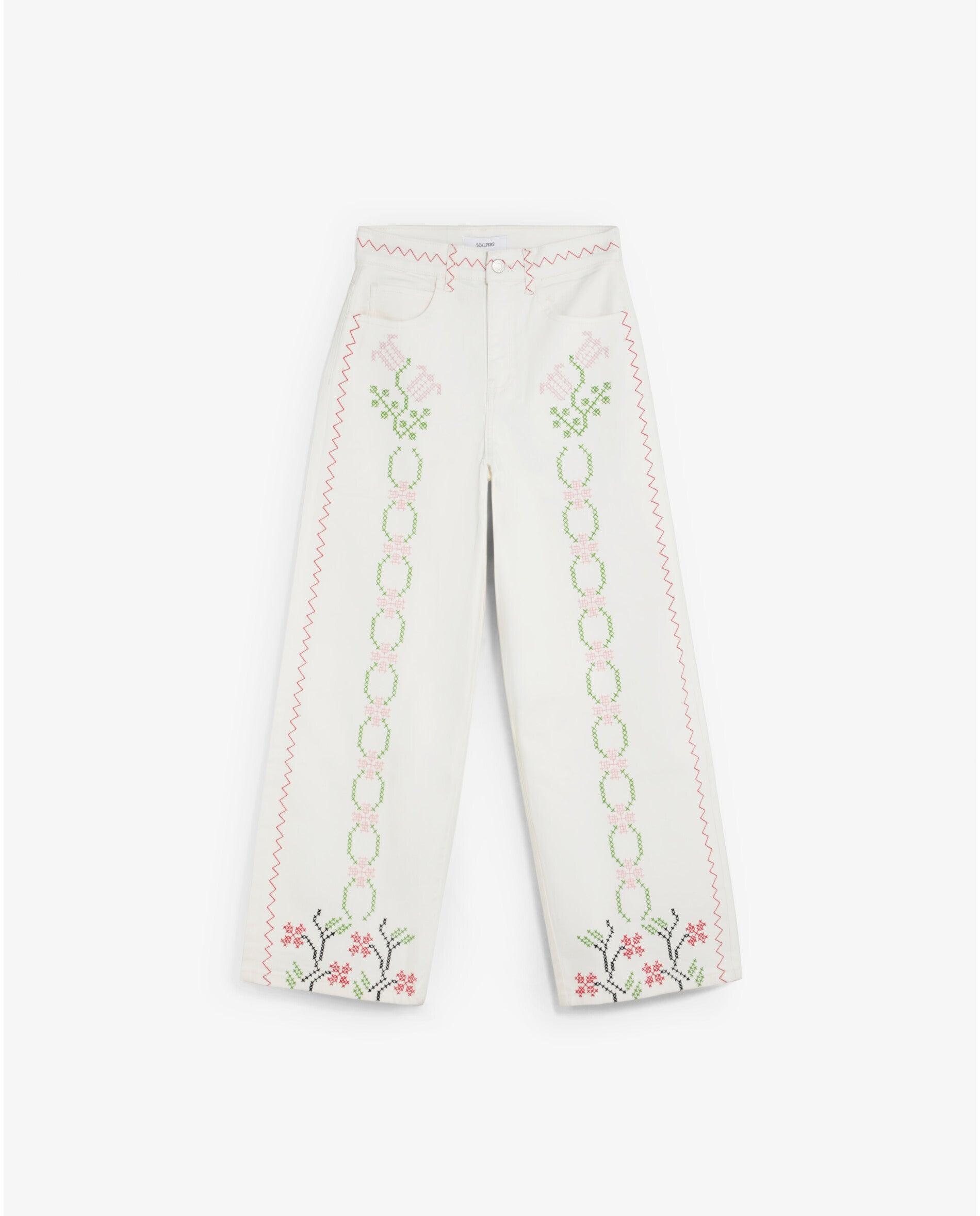 Imagem 0 de Jeans Largo Bordado de Cintura Média Alta