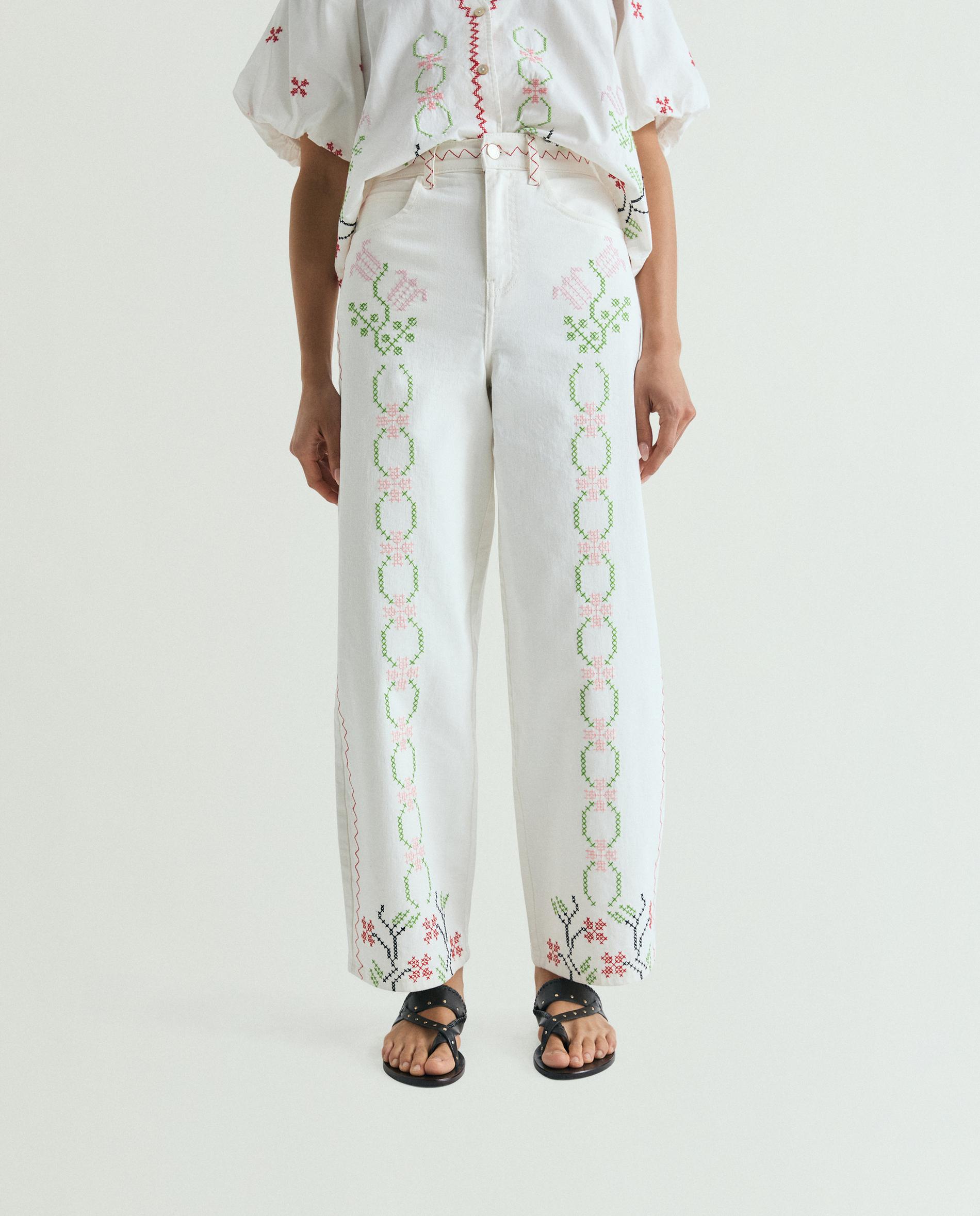 Jeans Largos Bordados de Cintura Média Alta Branco-2