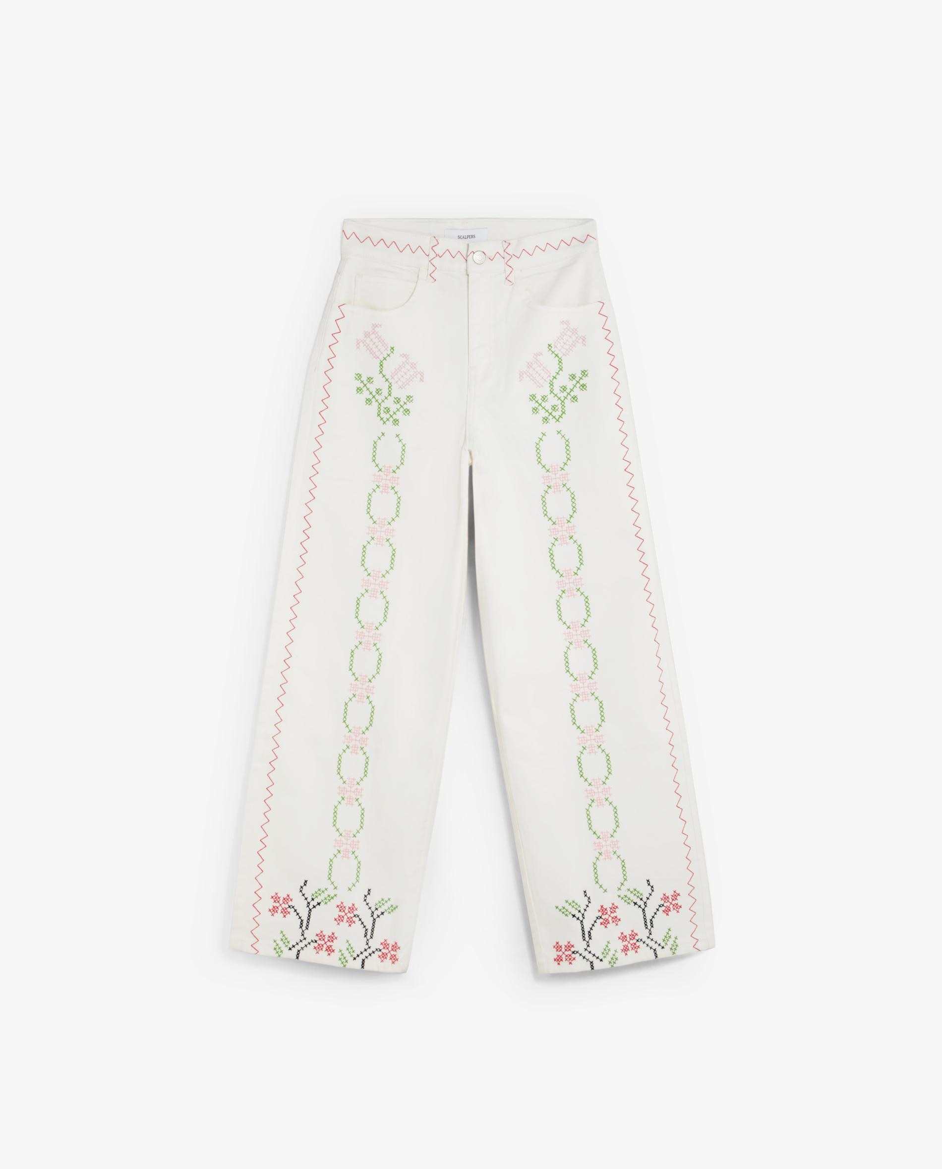 Jeans Largos Bordados de Cintura Média Alta Branco-4