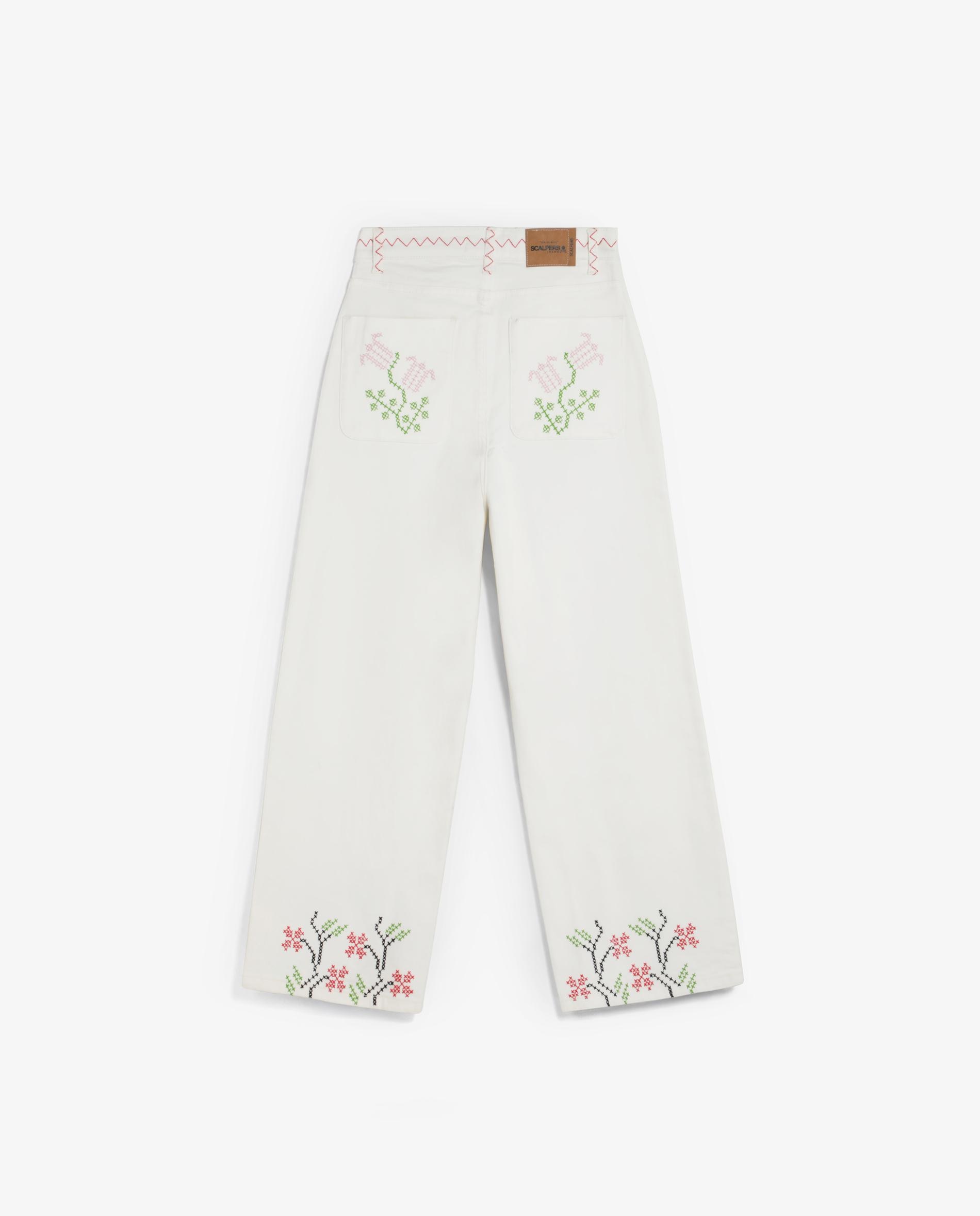 Jeans Largos Bordados de Cintura Média Alta Branco-5