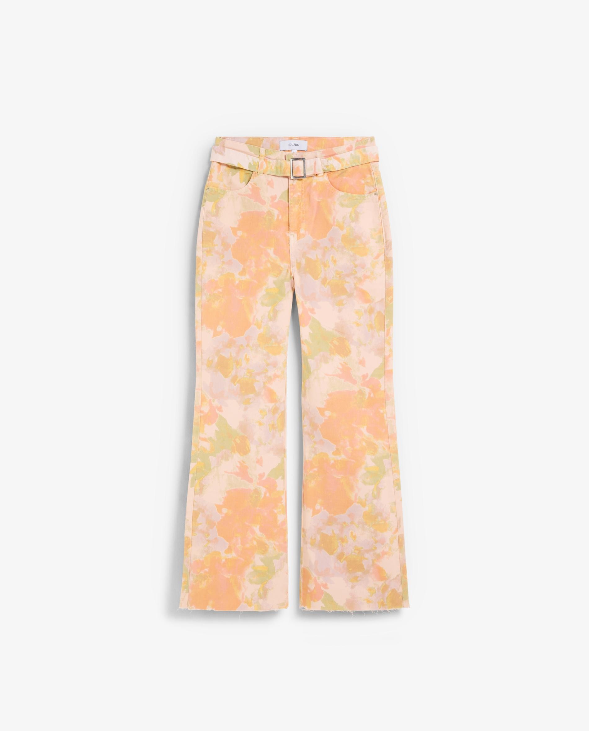 Jeans À Boca de Sino Estampados com Cinto em Tom Pêssego-4