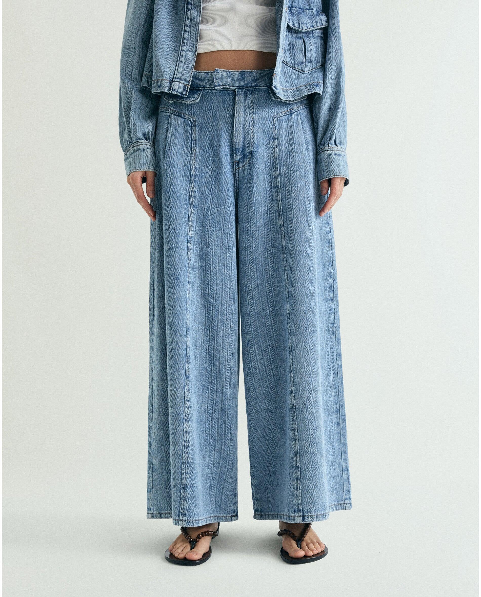 Jeans Largo Efeito Lavagem com Fecho Oculto Azul-claro-2