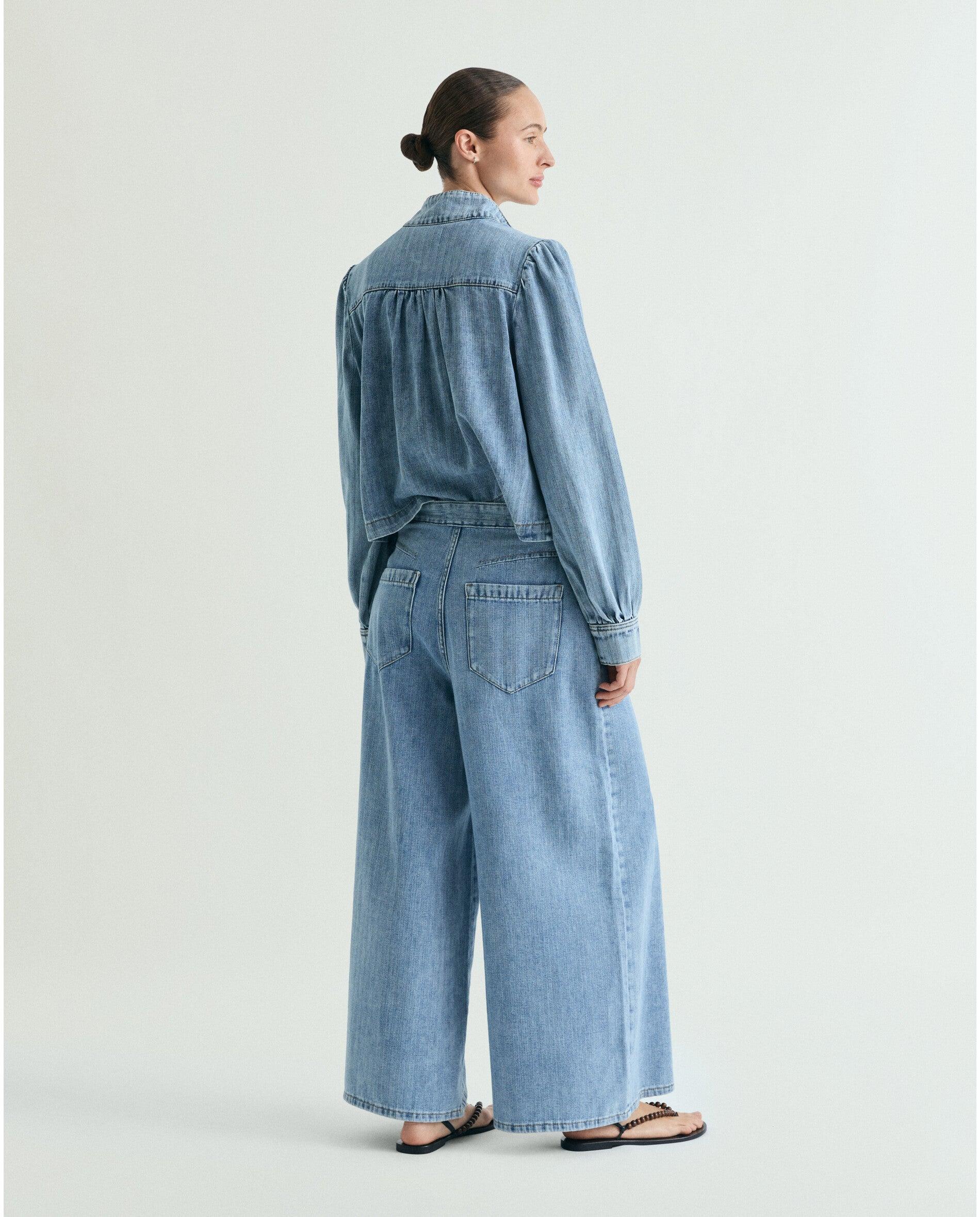 Jeans Largo Efeito Lavagem com Fecho Oculto Azul-claro-3
