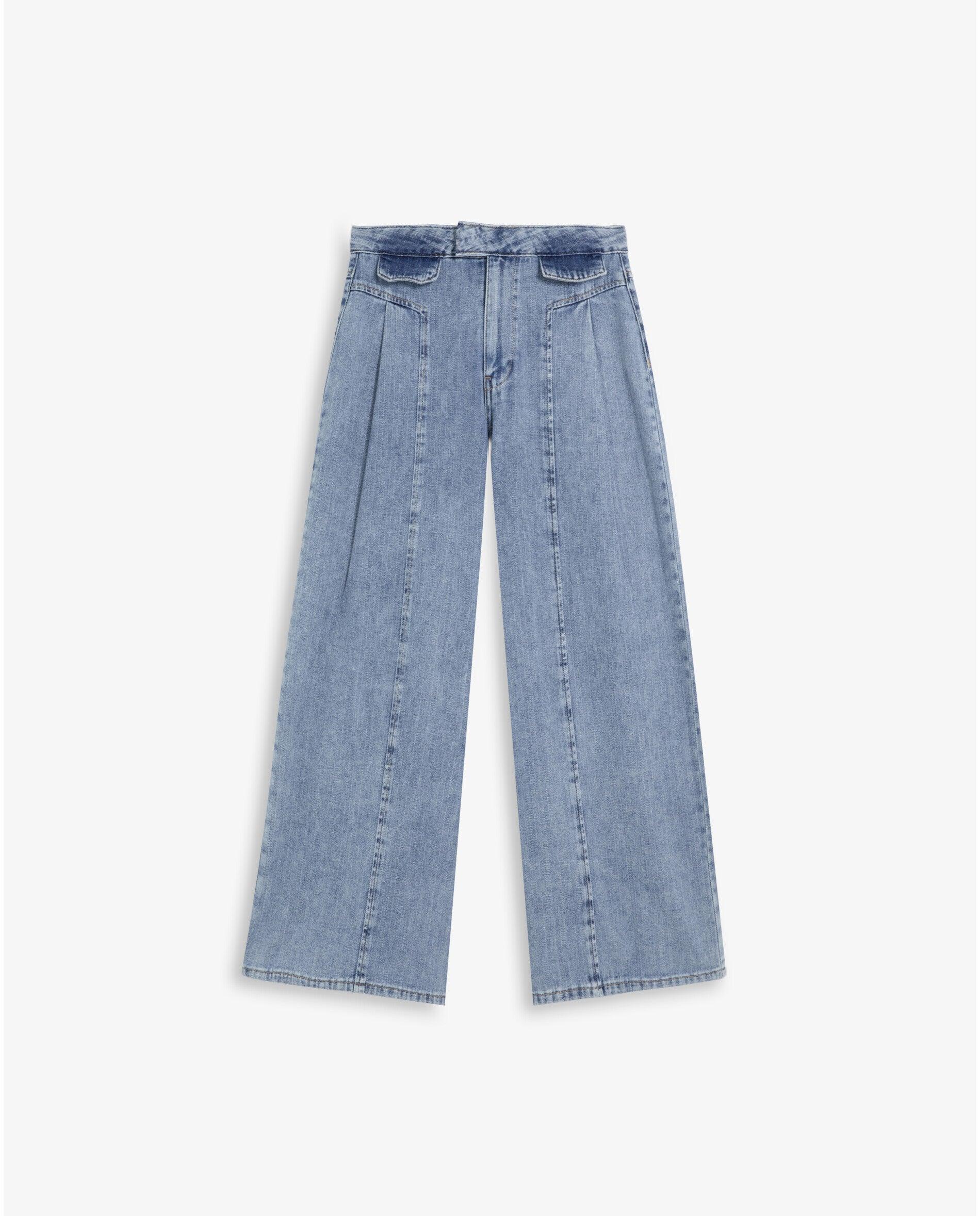 Jeans Largo Efeito Lavagem com Fecho Oculto Azul-claro-4