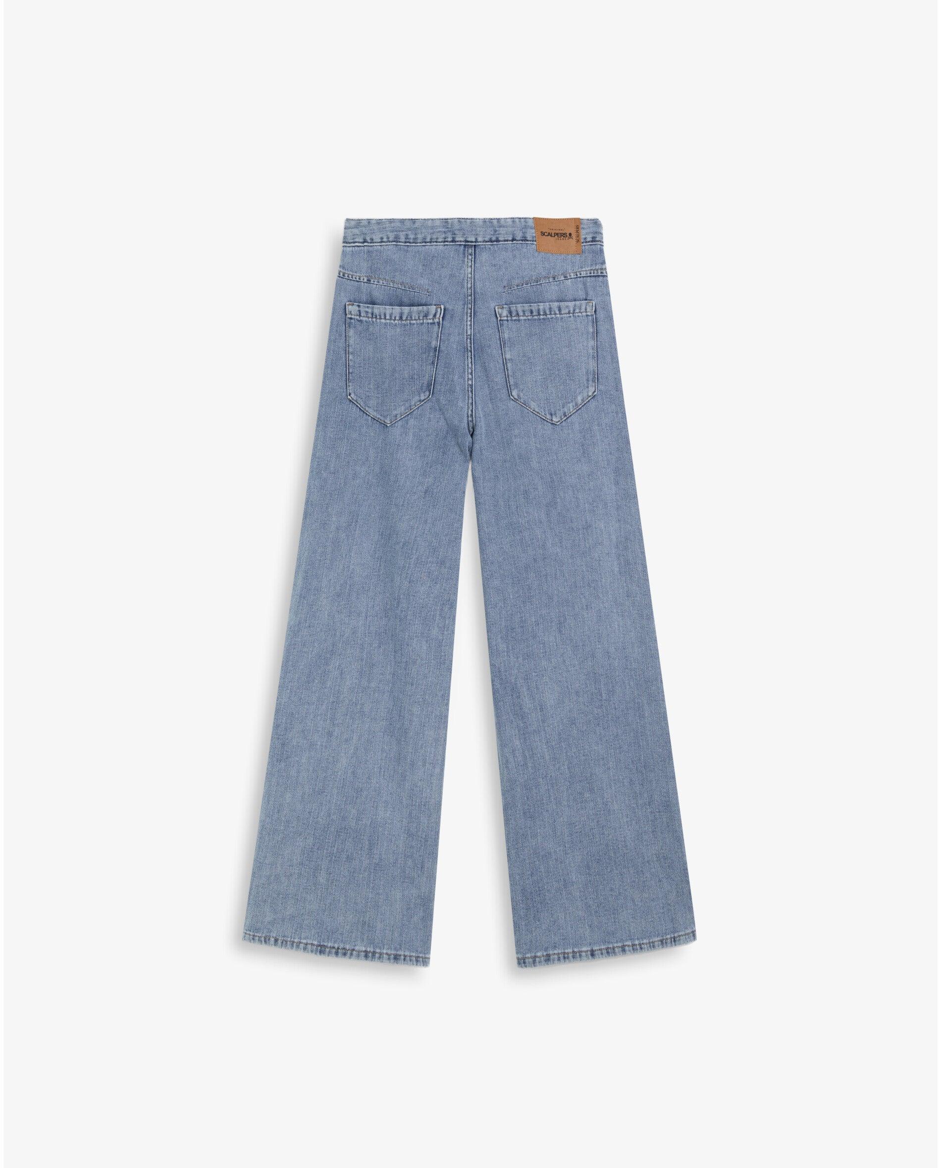 Jeans Largo Efeito Lavagem com Fecho Oculto Azul-claro-5