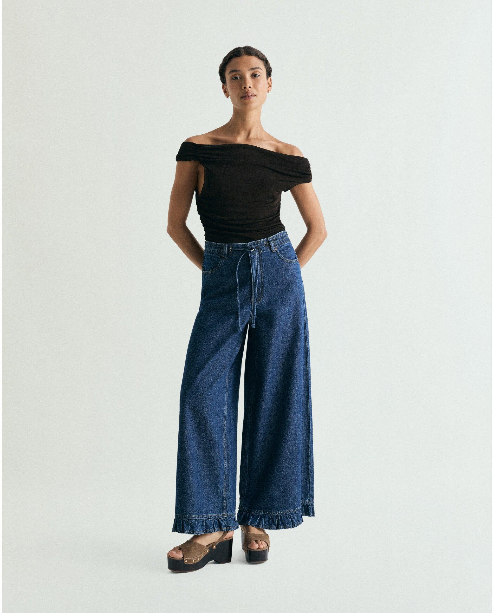 Jeans Largo com Cordão Ajustável e Folho na Bainha Azul-índigo-1