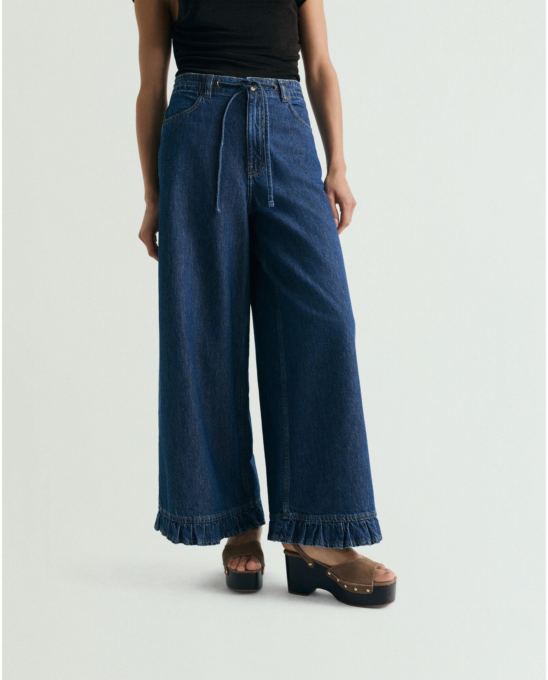 Jeans Largo com Cordão Ajustável e Folho na Bainha Azul-índigo-2