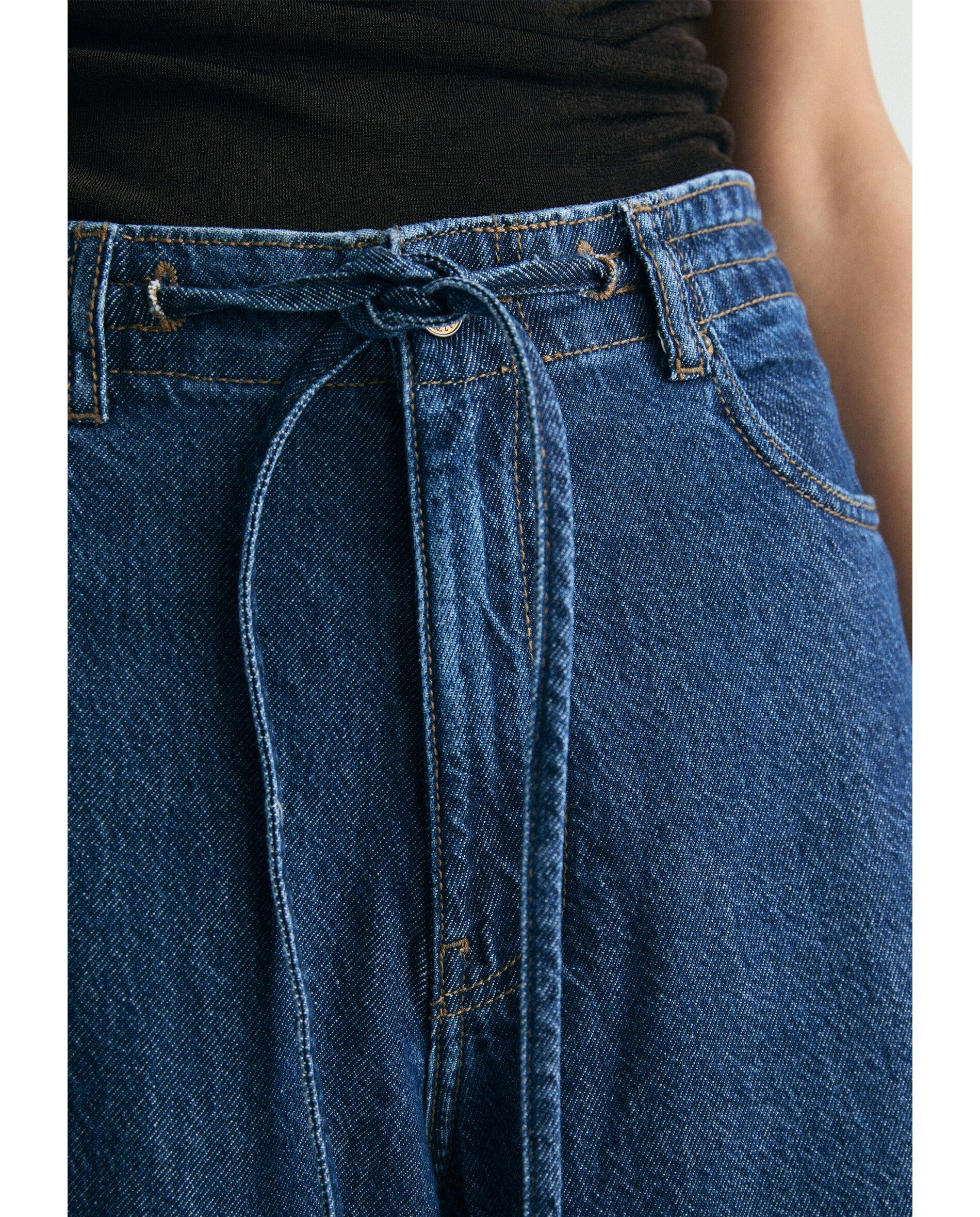 Jeans Largo com Cordão Ajustável e Folho na Bainha Azul-índigo-4